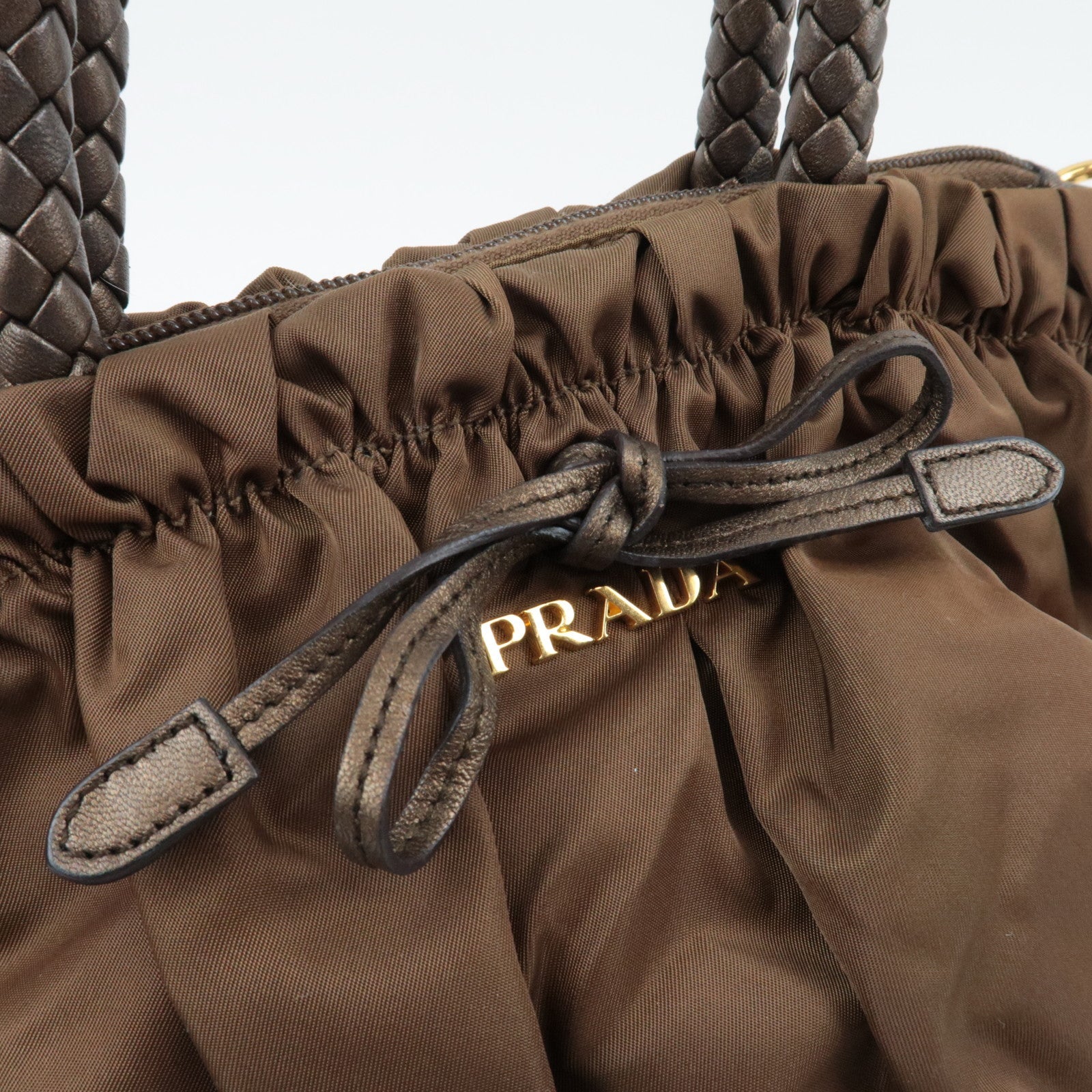 PRADA Ribbon Nylon Leather Handbag Brown