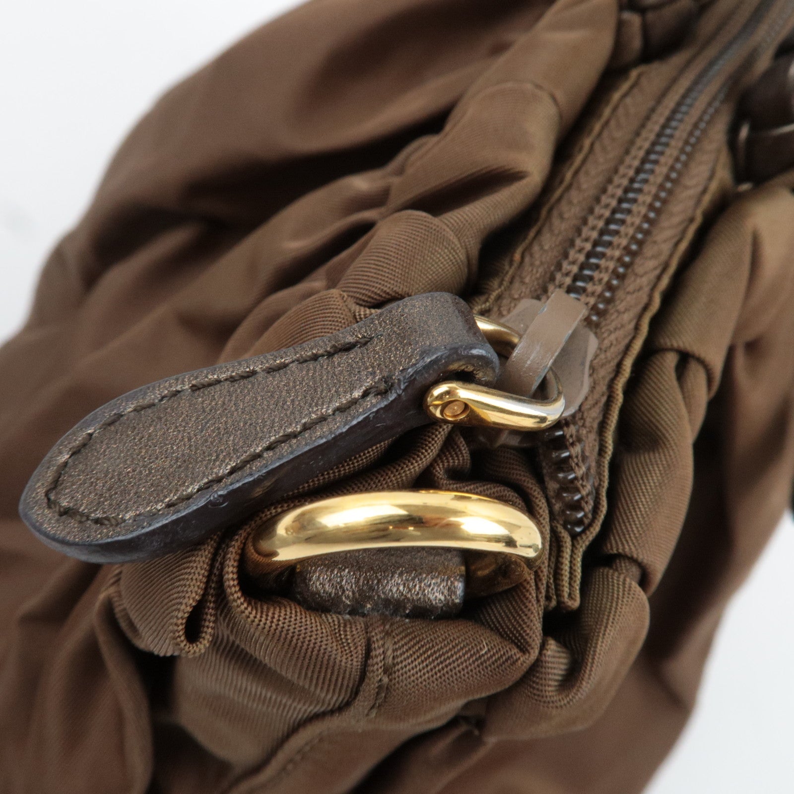 PRADA Ribbon Nylon Leather Handbag Brown