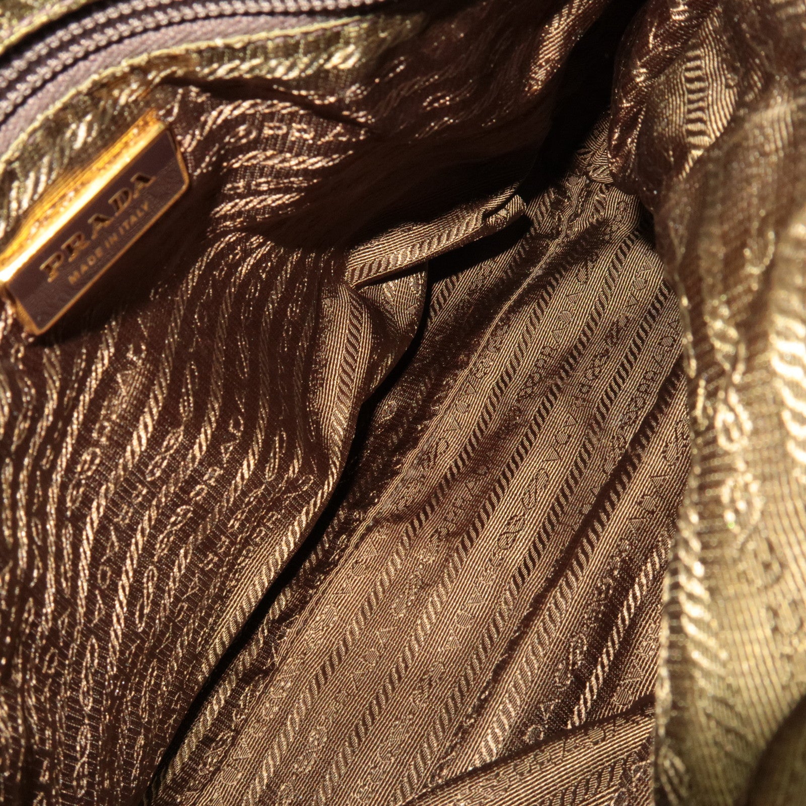 PRADA Ribbon Nylon Leather Handbag Brown