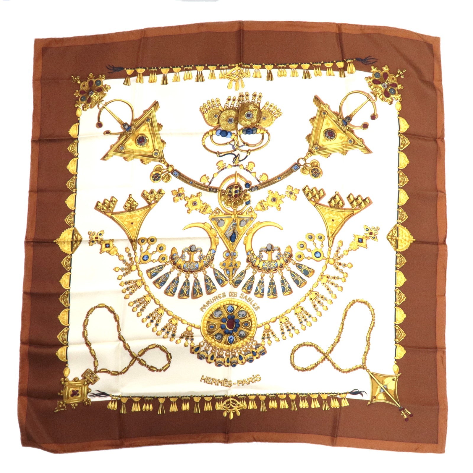 HERMES Carre 90 Scarf PARURES DES SABLES 100% Silk Ivory Brown83256