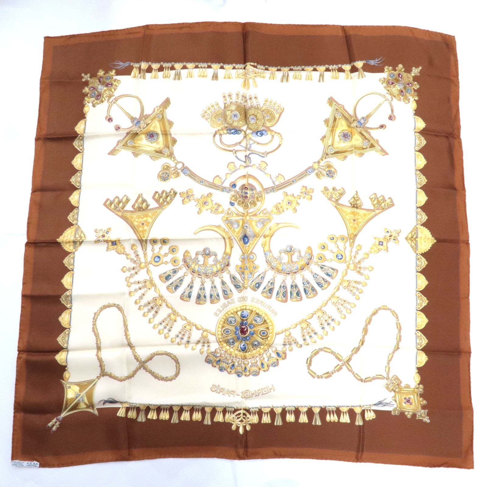 HERMES Carre 90 Scarf PARURES DES SABLES 100% Silk Ivory Brown