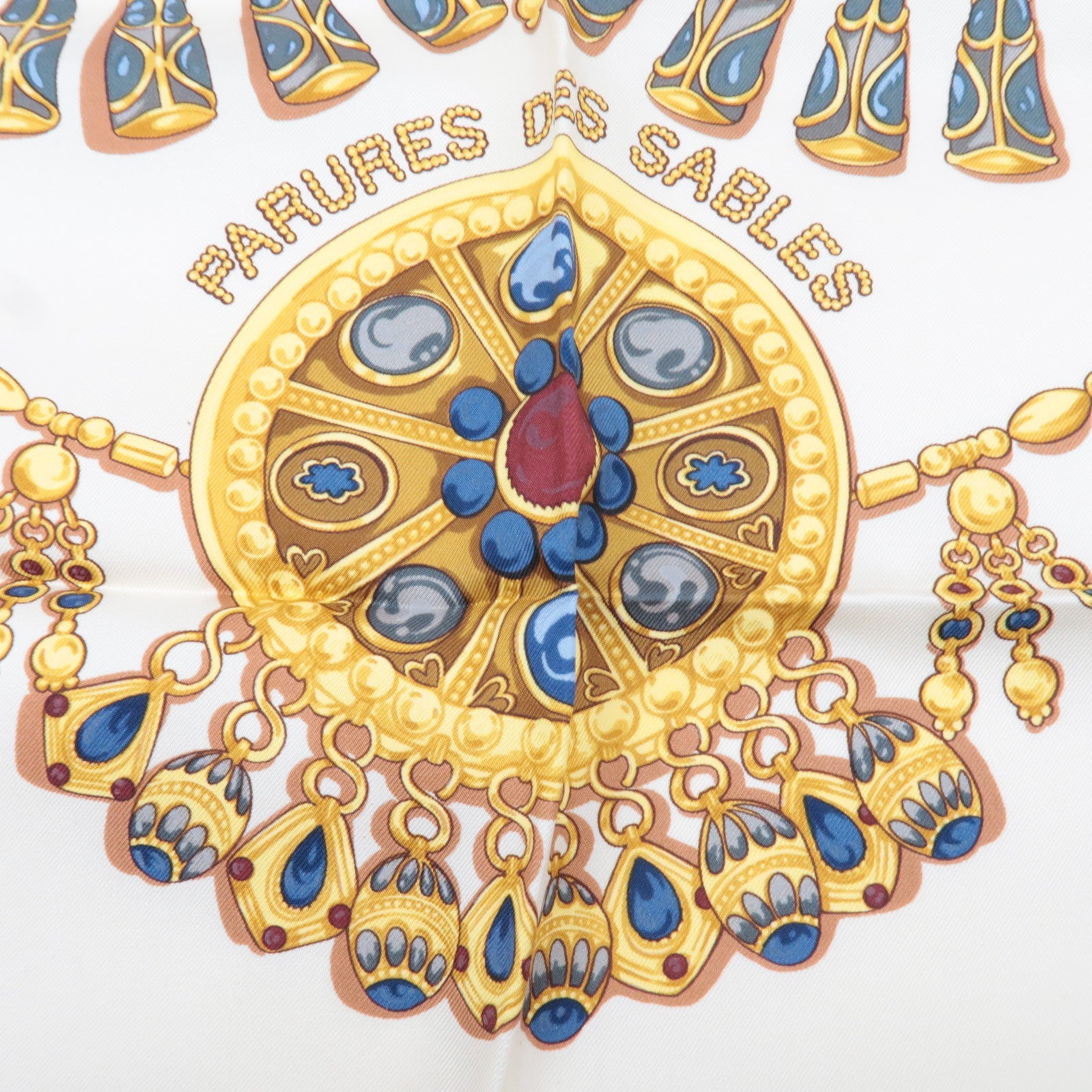 HERMES Carre 90 Scarf PARURES DES SABLES 100% Silk Ivory Brown