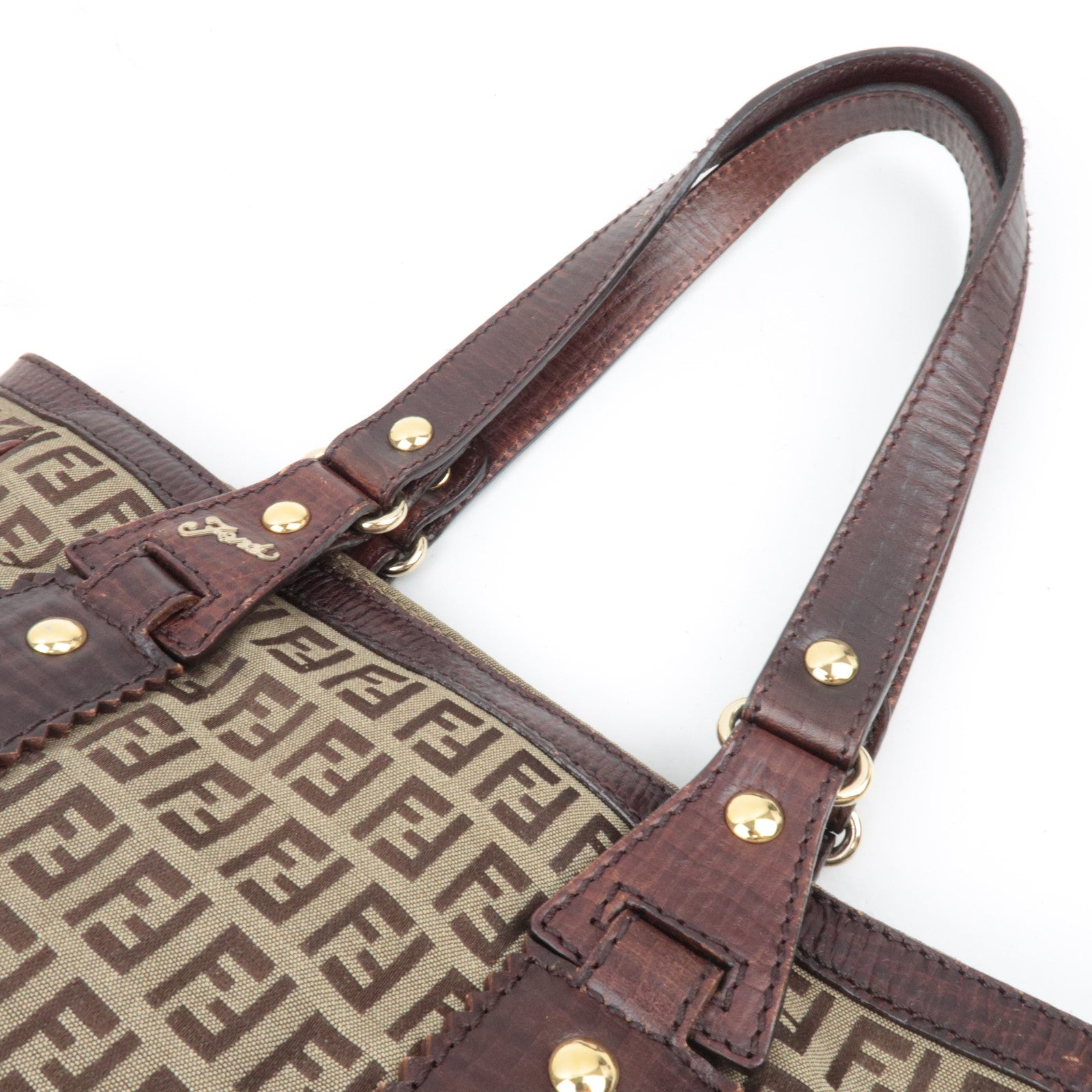 FENDI Zucchino Canvas Leather Tote Bag Beige Brown 8BH161