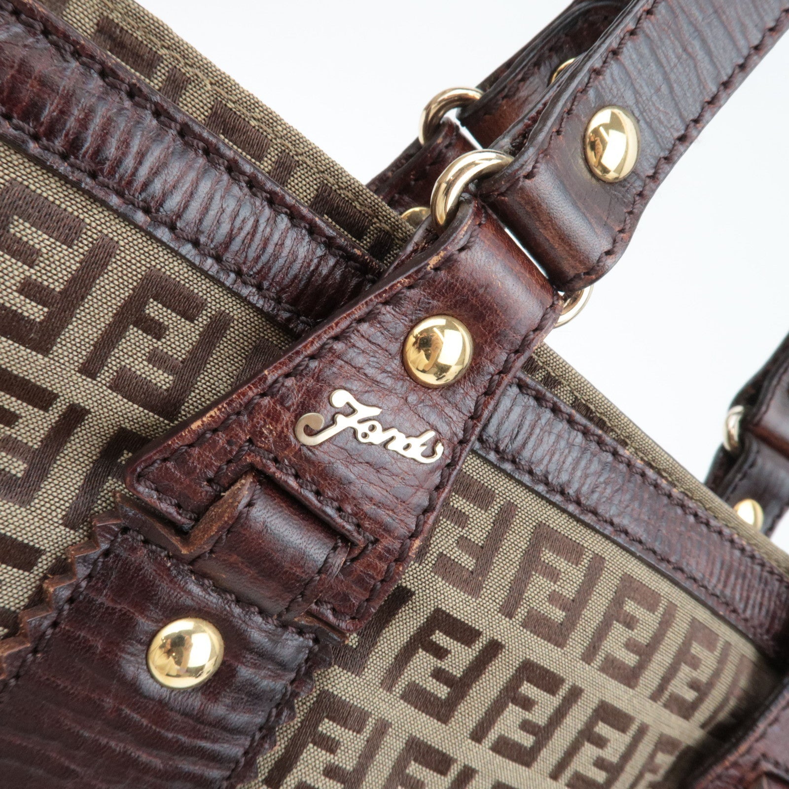 FENDI Zucchino Canvas Leather Tote Bag Beige Brown 8BH161