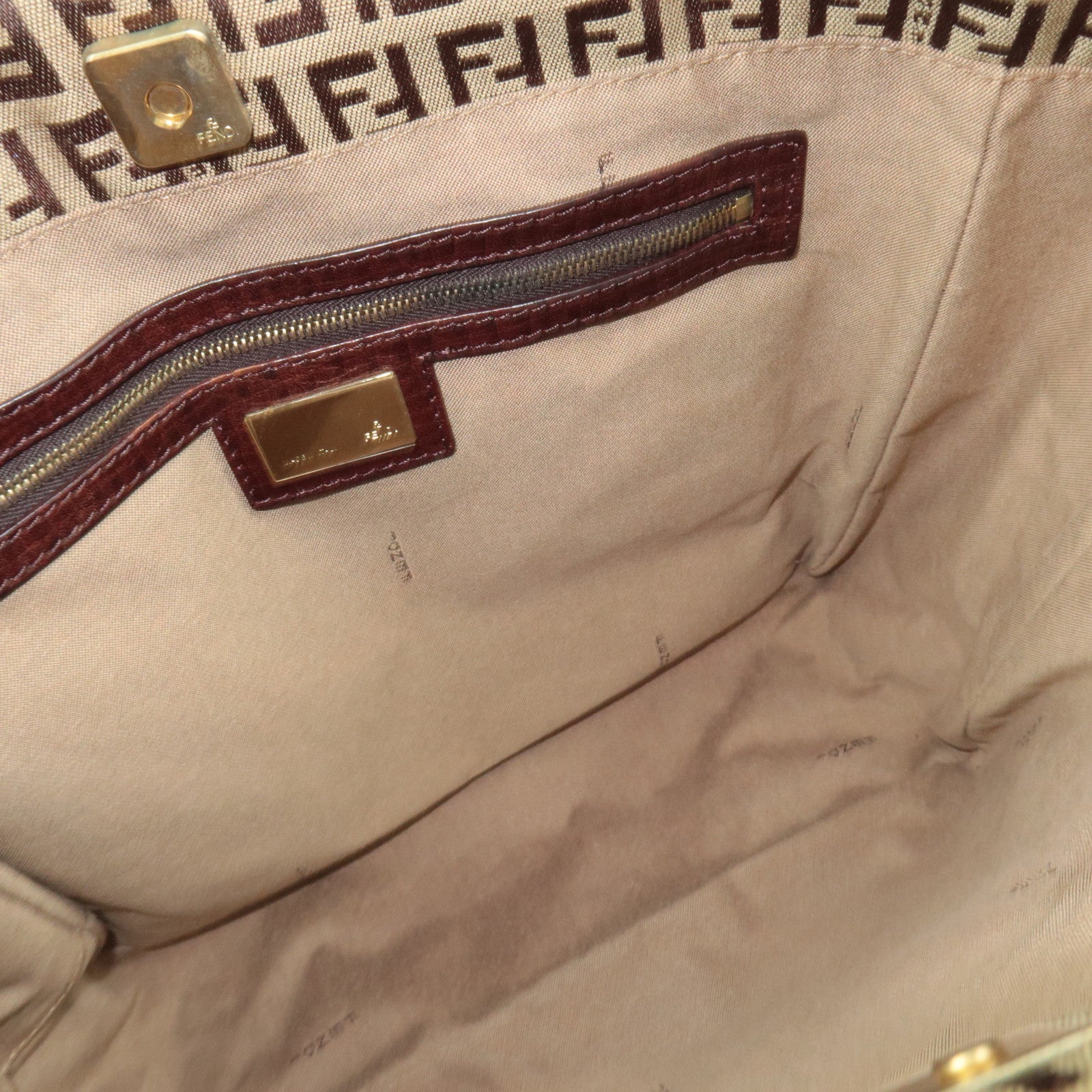 FENDI Zucchino Canvas Leather Tote Bag Beige Brown 8BH161