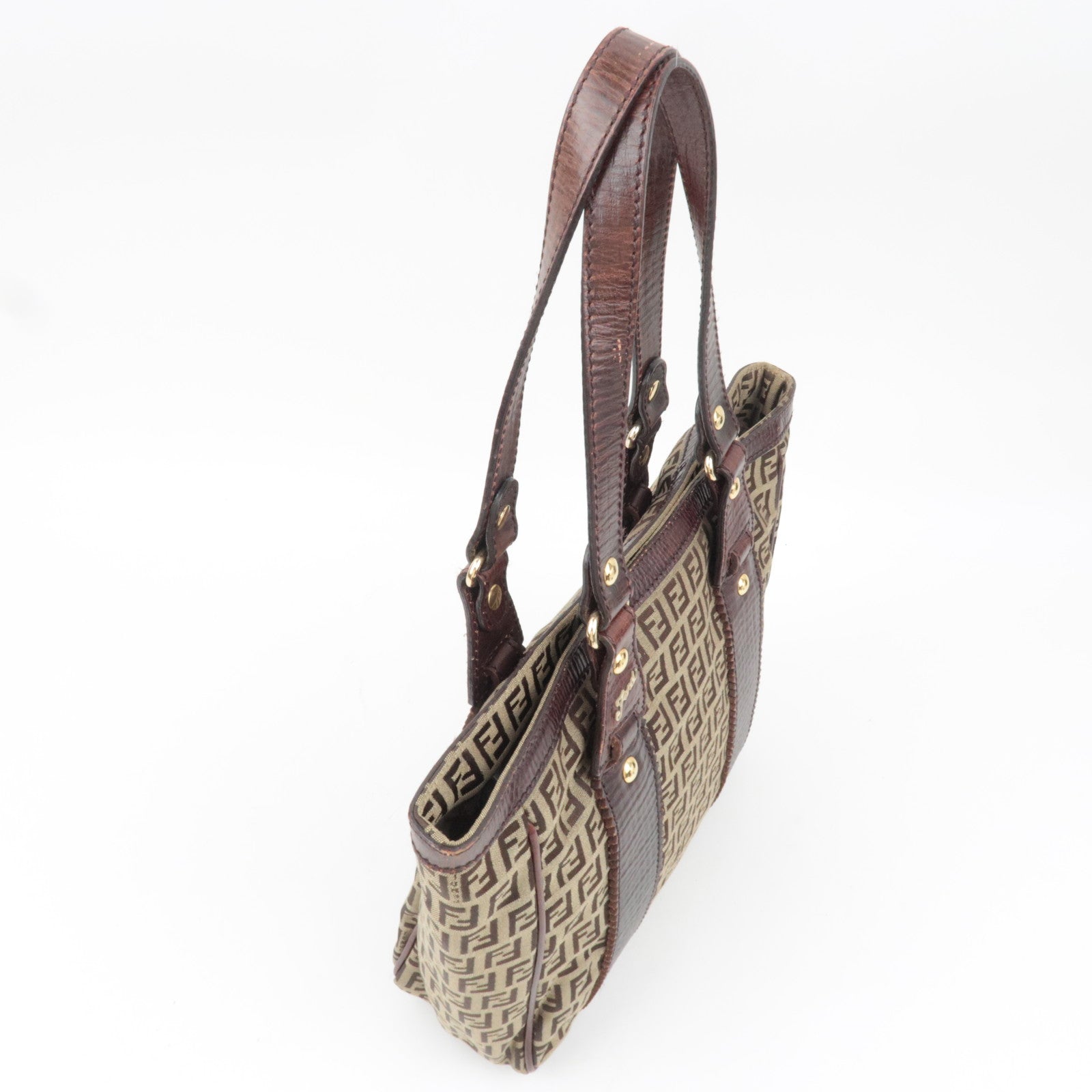 FENDI Zucchino Canvas Leather Tote Bag Beige Brown 8BH161