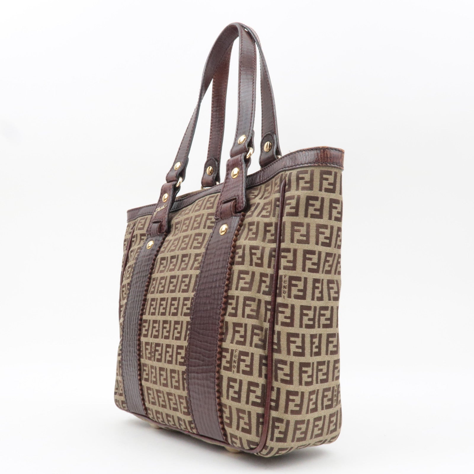 FENDI Zucchino Canvas Leather Tote Bag Beige Brown 8BH161