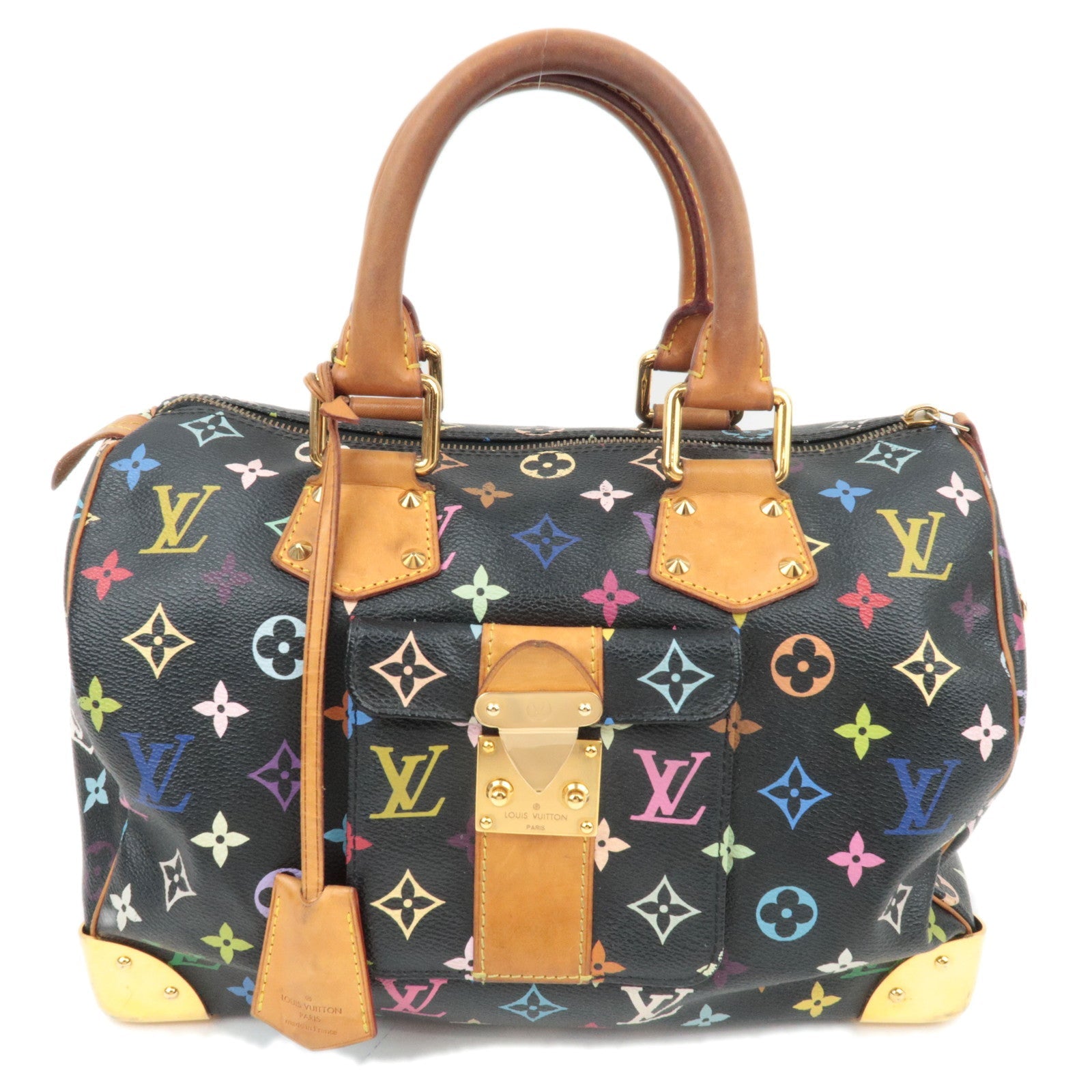 Louis Vuitton Monogram Multicolor Speedy 30 Handbag Noir M92642 SP0192 *Clochette, Key83286