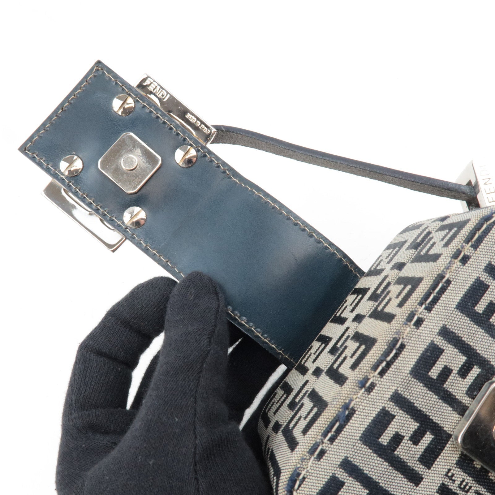 FENDI Zucchino Canvas Leather Mini Box Handbag Navy 26805