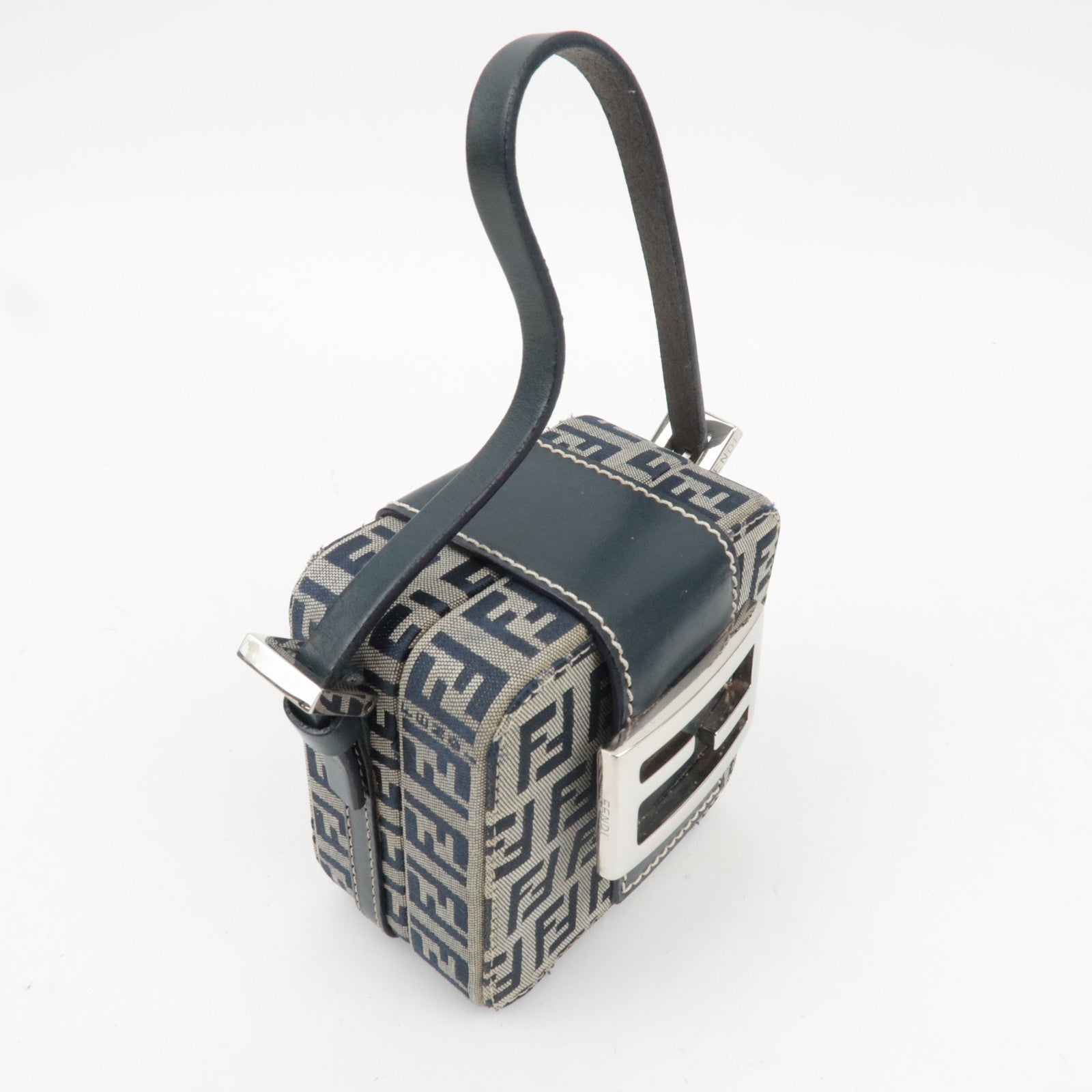 FENDI Zucchino Canvas Leather Mini Box Handbag Navy 26805