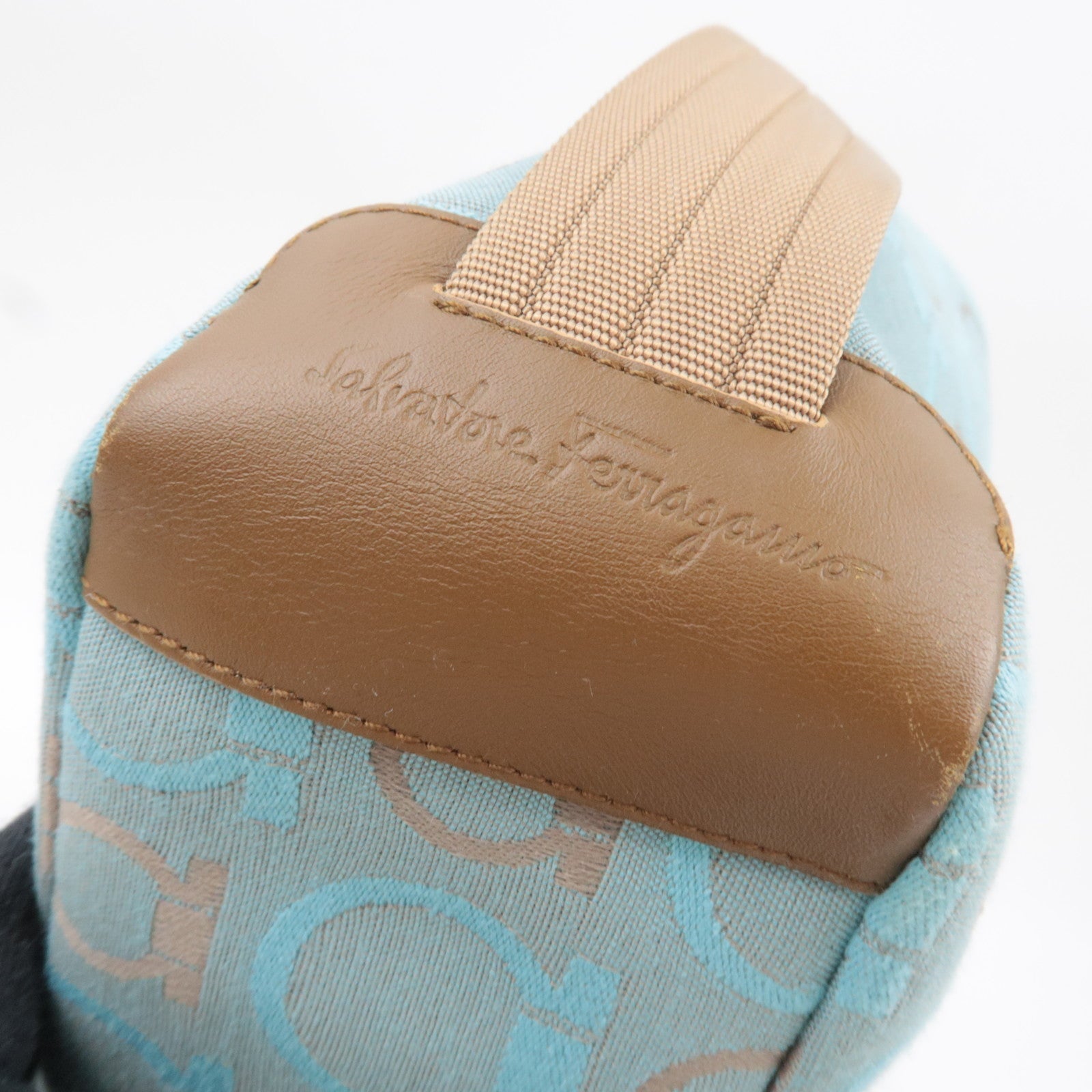 Ferragamo Gancini One-Shoulder Bag Canvas Leather Light Blue Beige *Dust bag