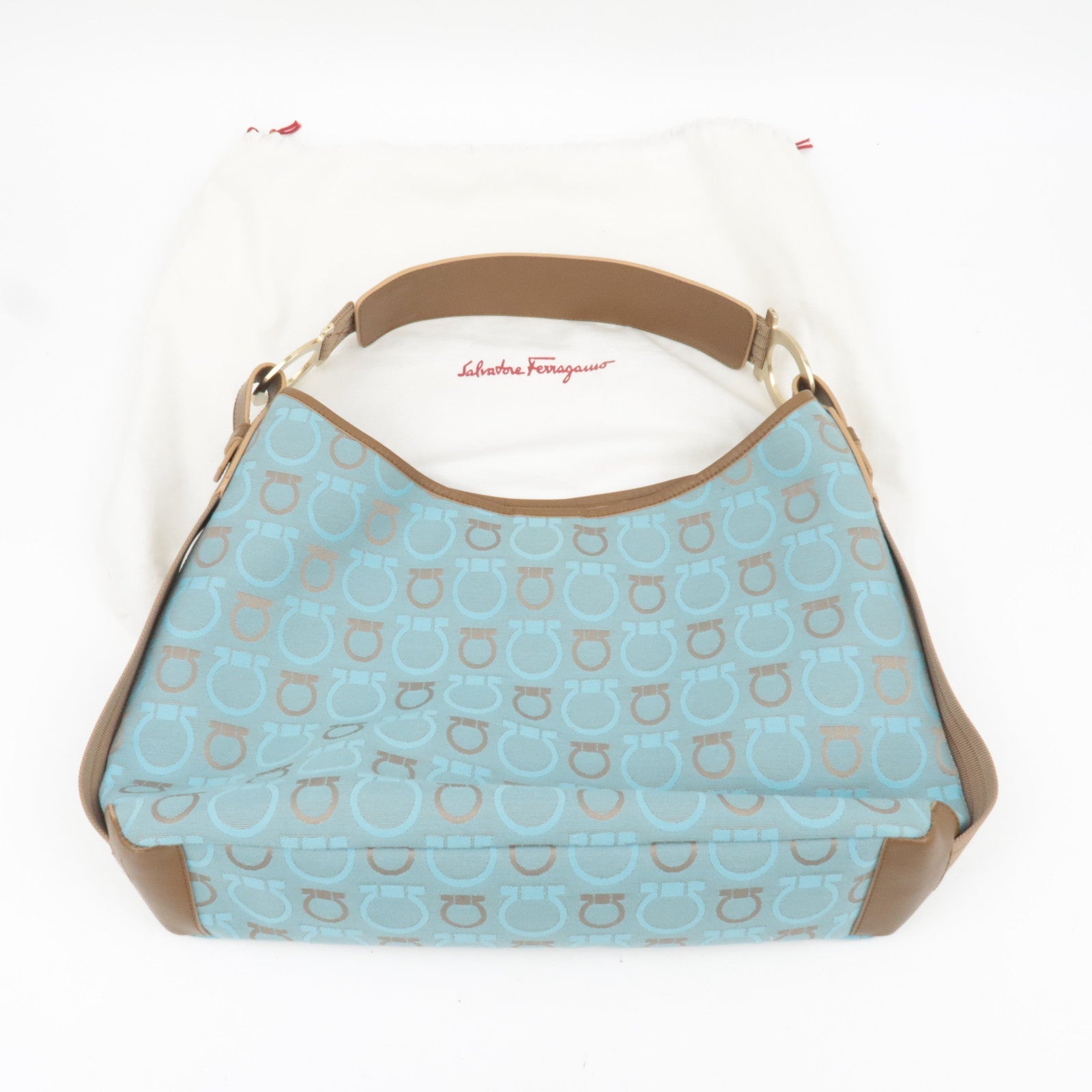 Ferragamo Gancini One-Shoulder Bag Canvas Leather Light Blue Beige *Dust bag