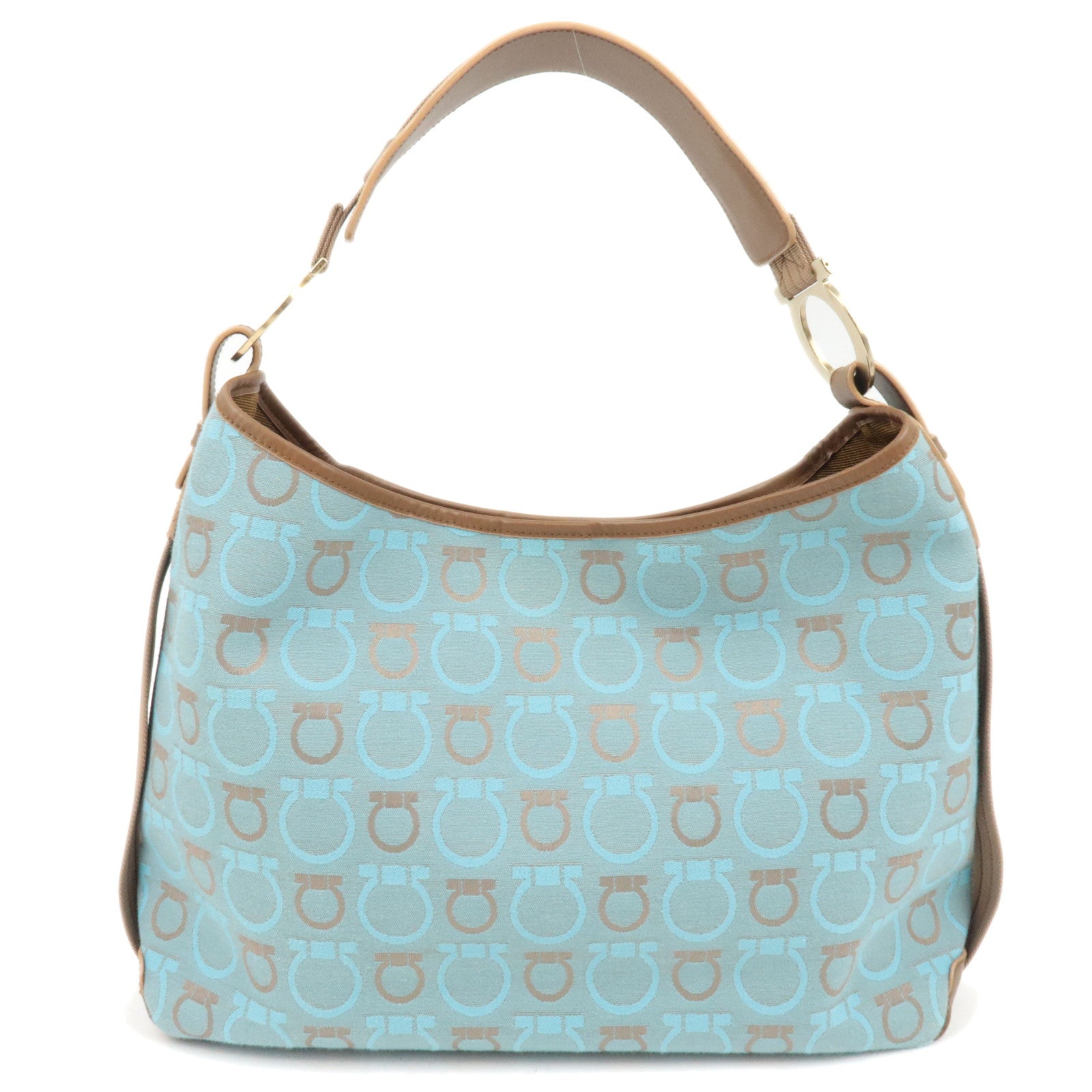 Ferragamo Gancini One-Shoulder Bag Canvas Leather Light Blue Beige *Dust bag83309