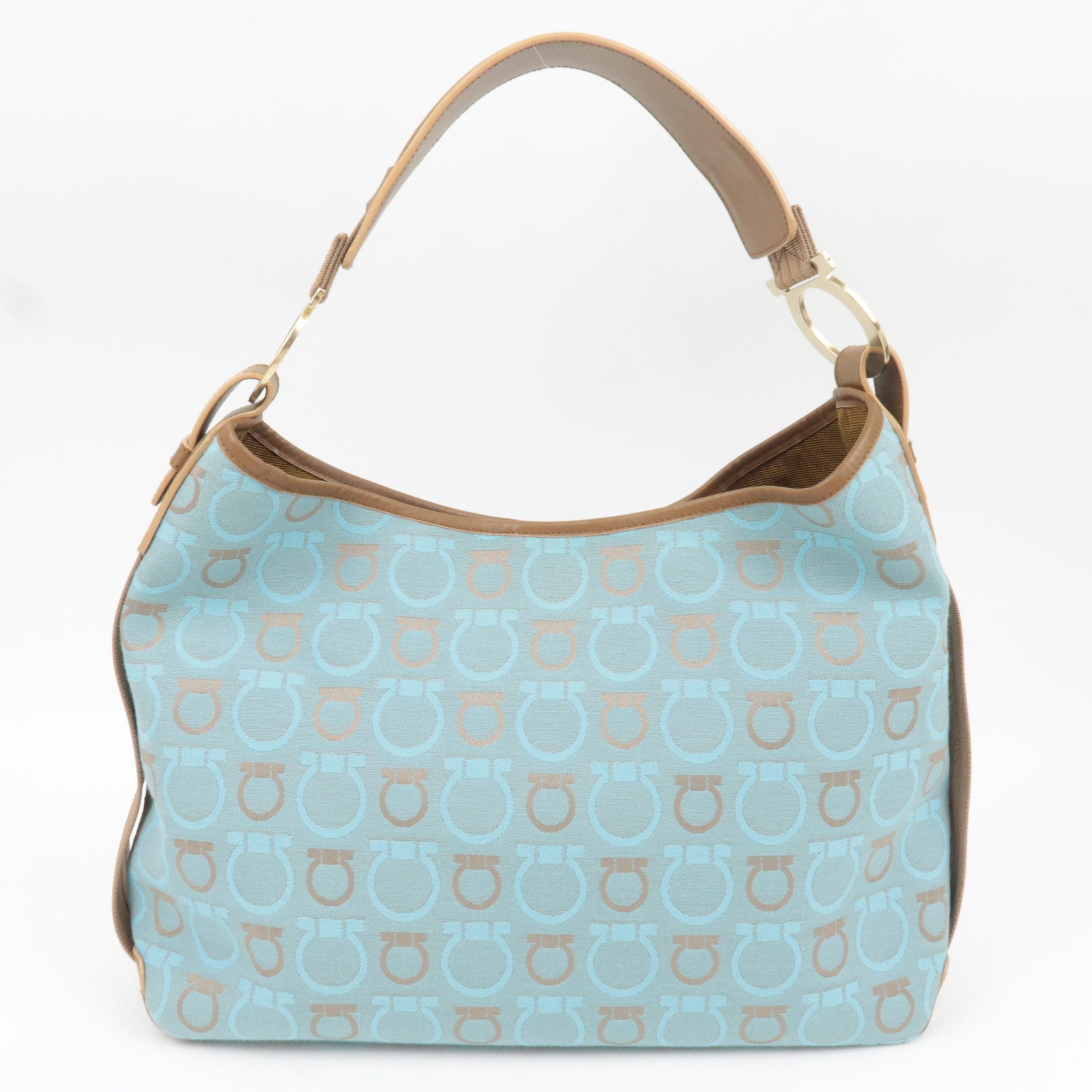 Ferragamo Gancini One-Shoulder Bag Canvas Leather Light Blue Beige *Dust bag