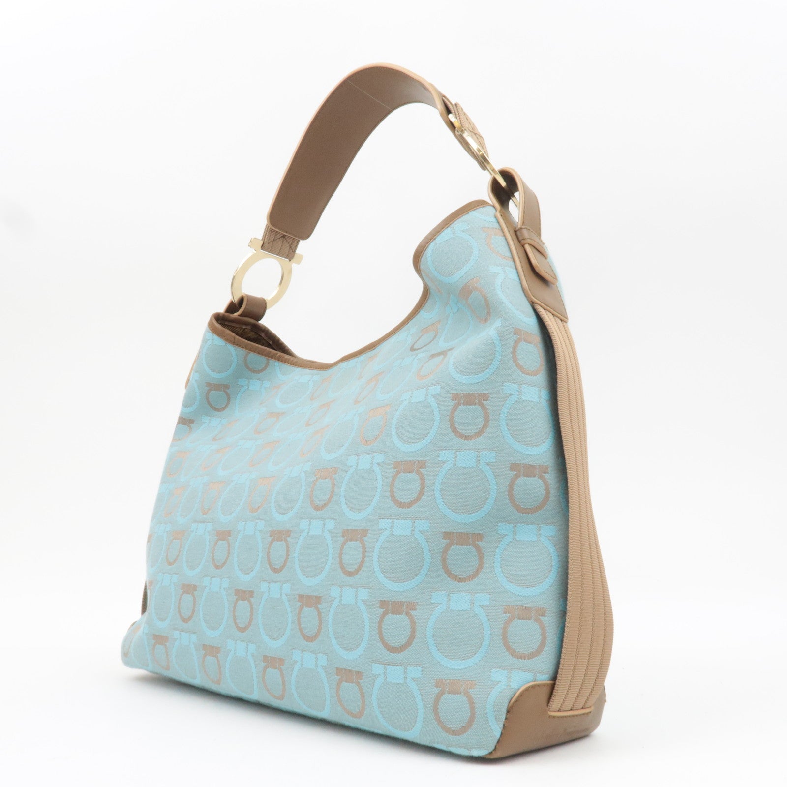 Ferragamo Gancini One-Shoulder Bag Canvas Leather Light Blue Beige *Dust bag