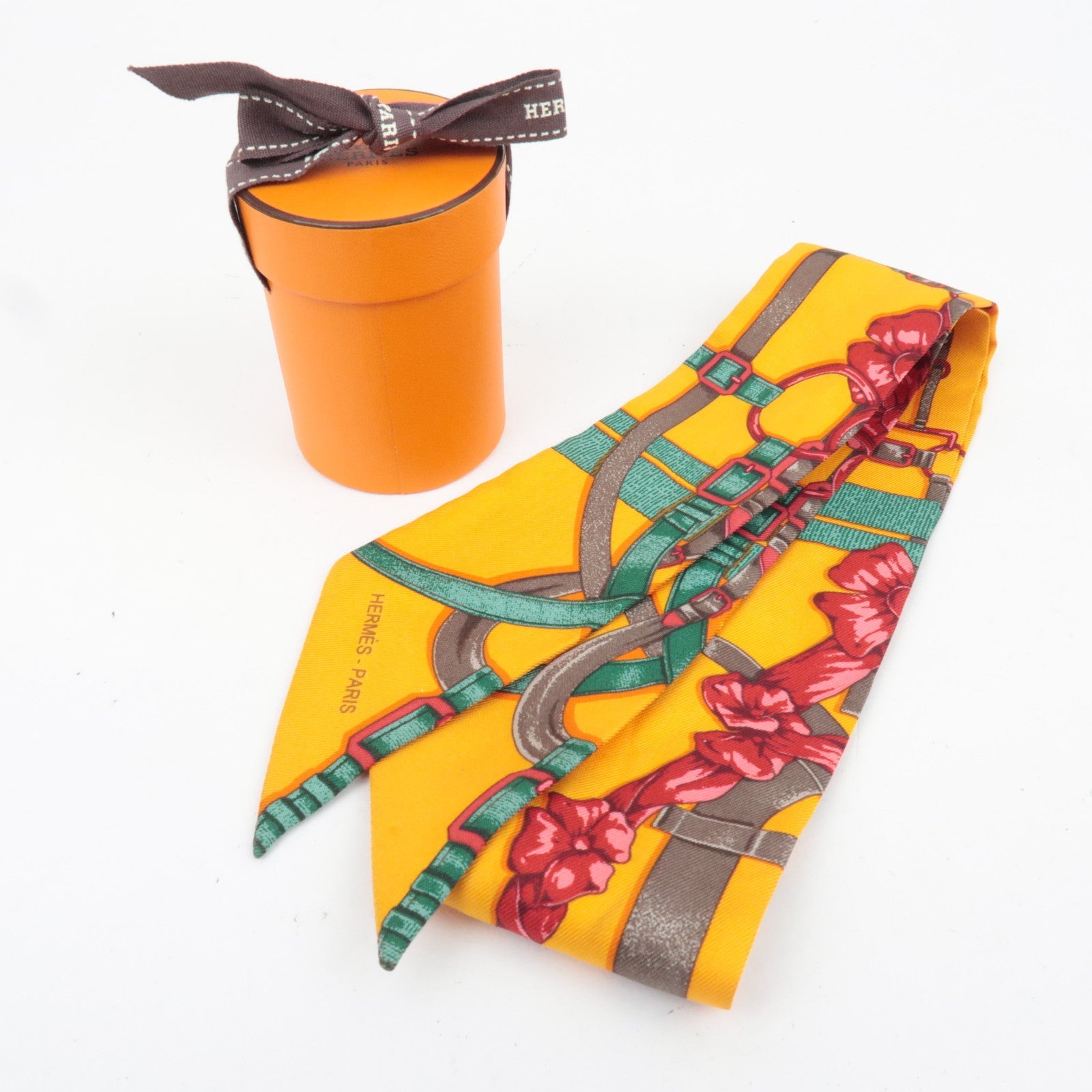 HERMES Twilly Scarf Belt & Ribbon Print 100% Silk Orange *Box