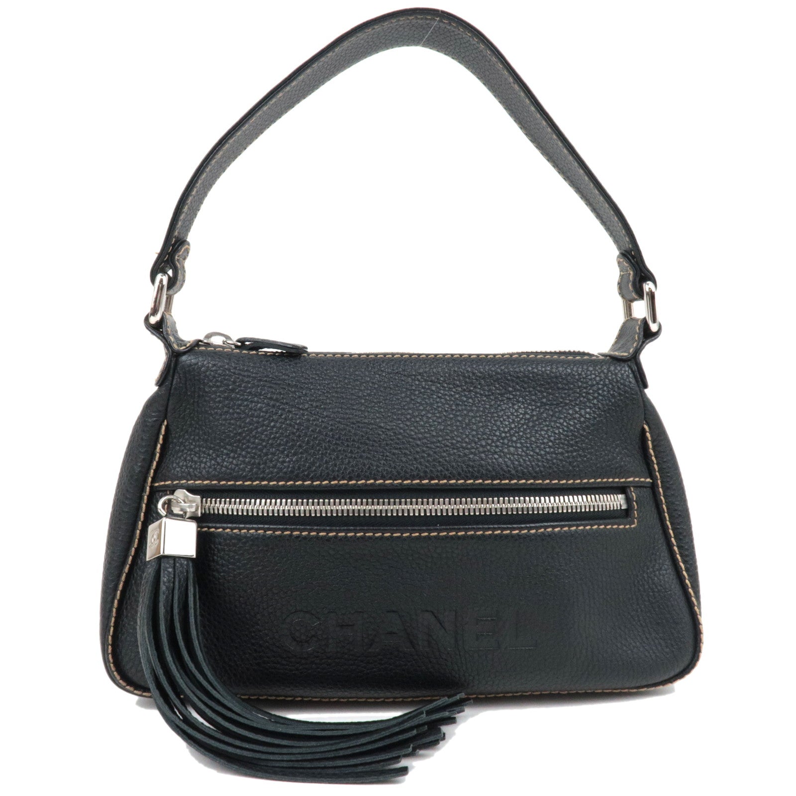 CHANEL Logo Leather Shoulder Bag Black 7741595 *G card83358