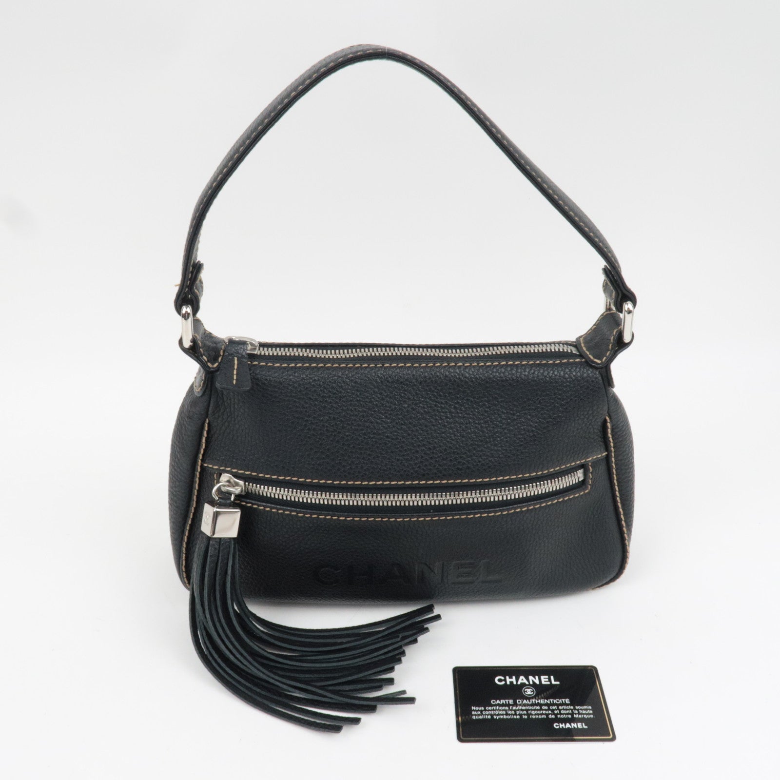 CHANEL Logo Leather Shoulder Bag Black 7741595 *G card