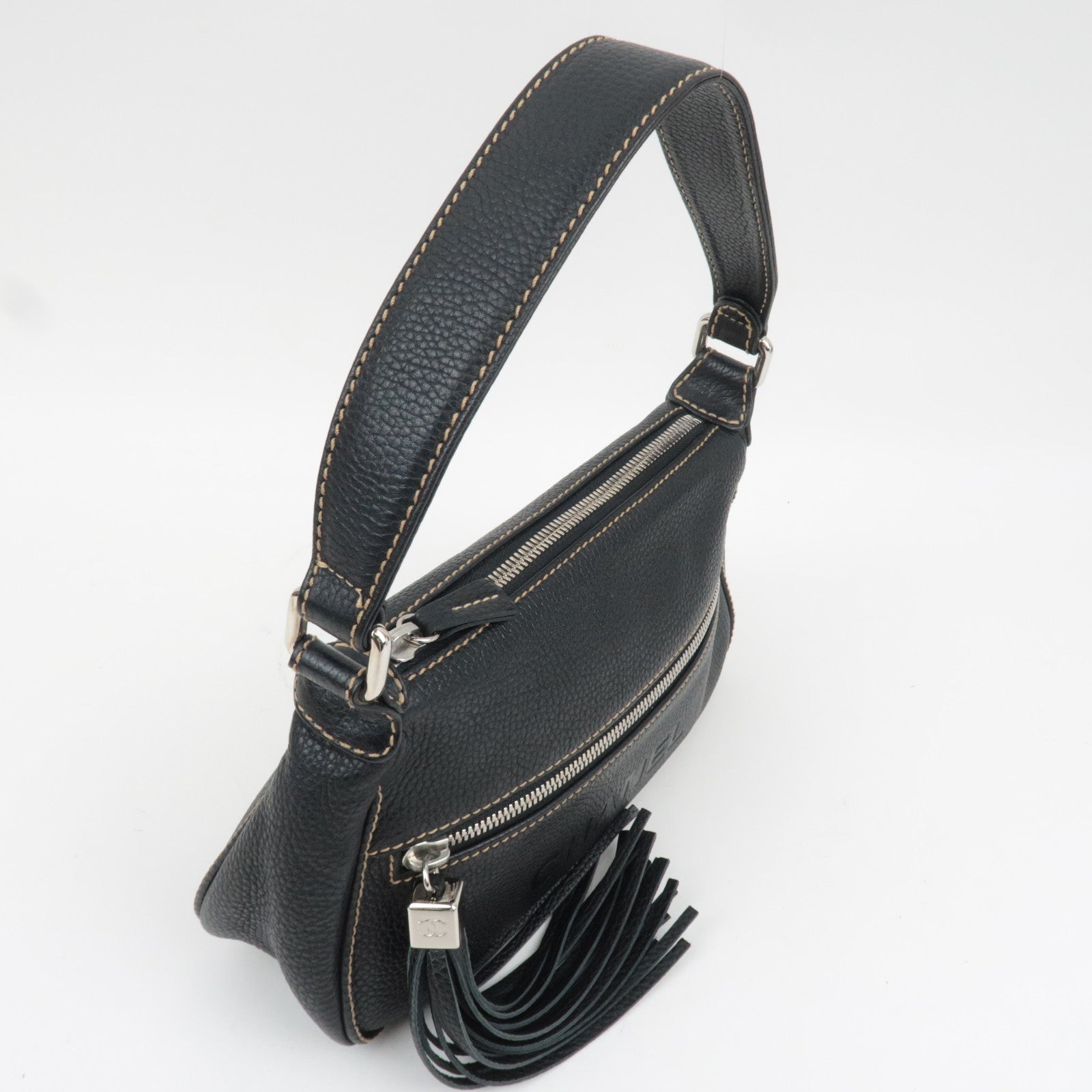 CHANEL Logo Leather Shoulder Bag Black 7741595 *G card