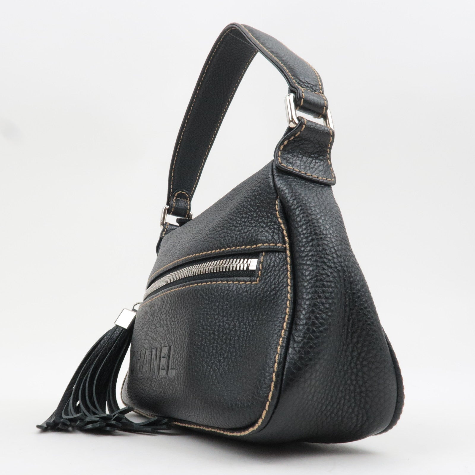 CHANEL Logo Leather Shoulder Bag Black 7741595 *G card