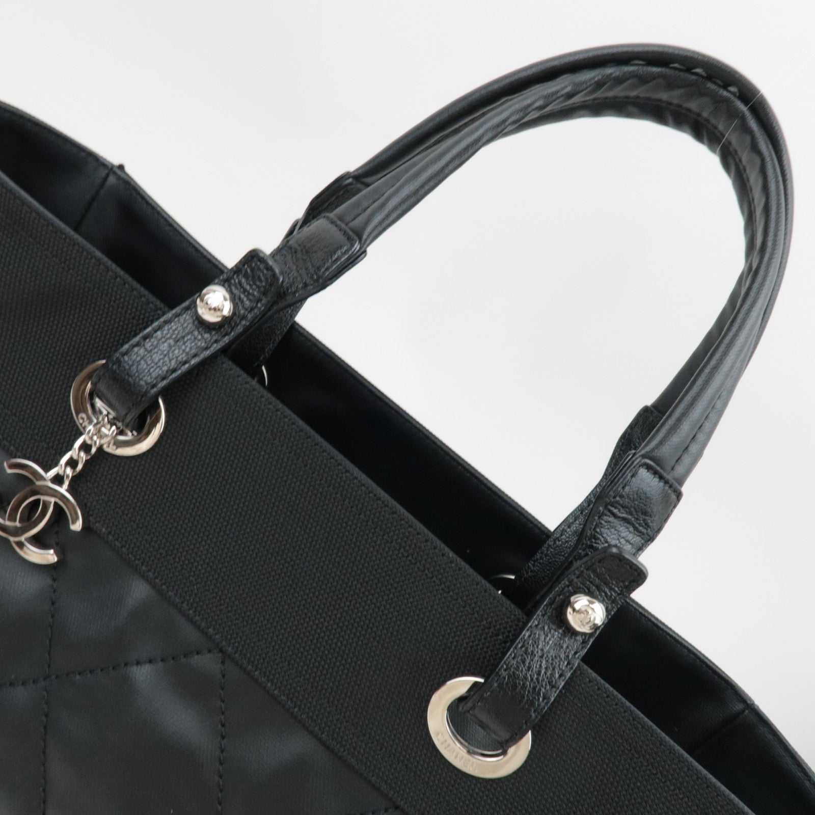 CHANEL Paris Biarritz Tote Bag MM Coated Canvas Leather Black Silver HDW 17789328