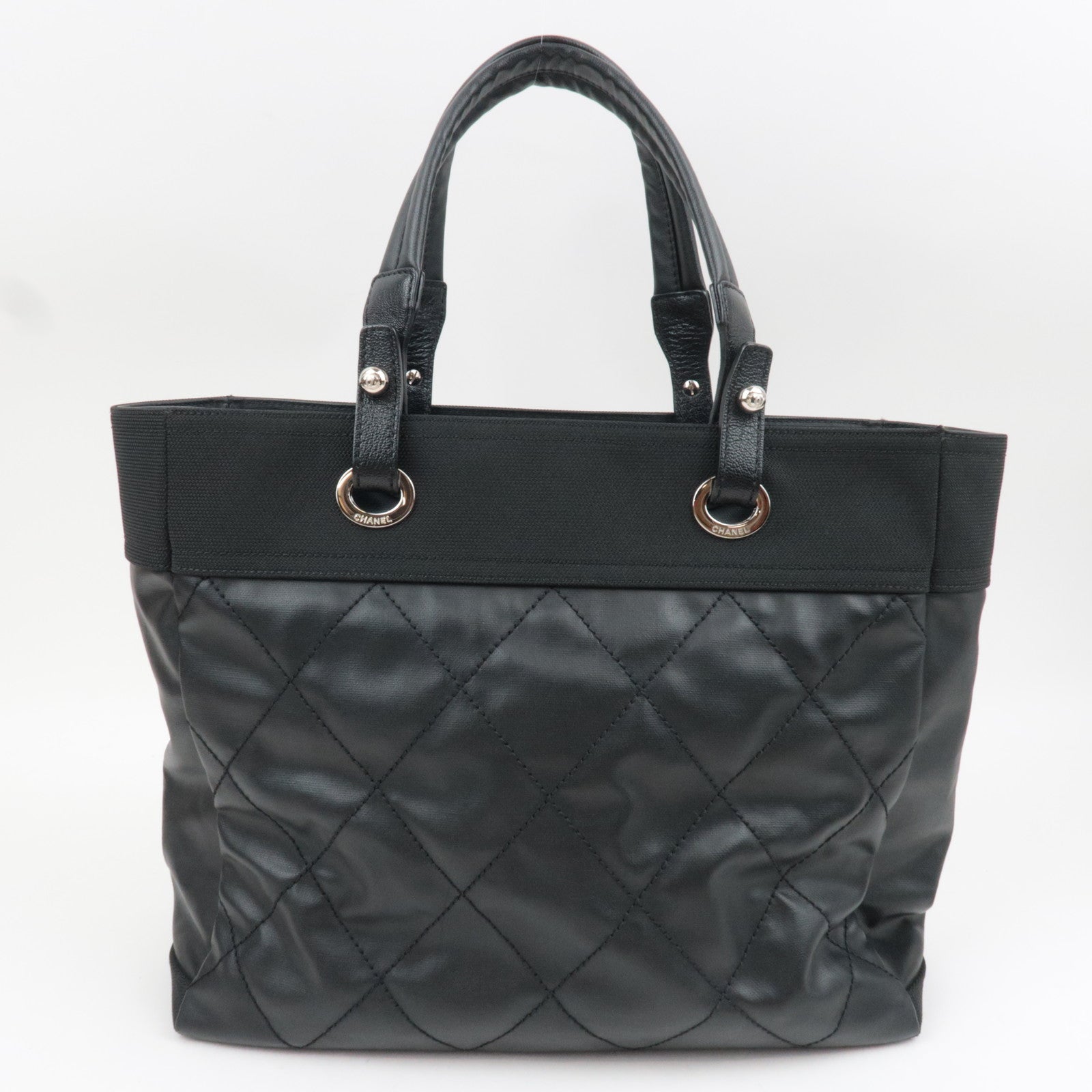 CHANEL Paris Biarritz Tote Bag MM Coated Canvas Leather Black Silver HDW 17789328