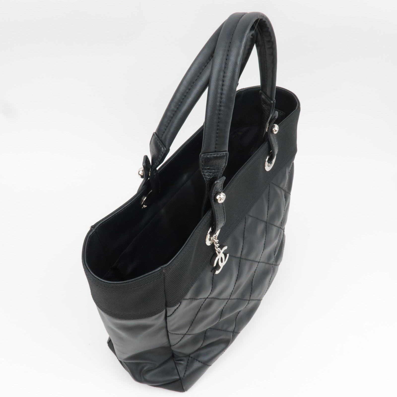 CHANEL Paris Biarritz Tote Bag MM Coated Canvas Leather Black Silver HDW 17789328