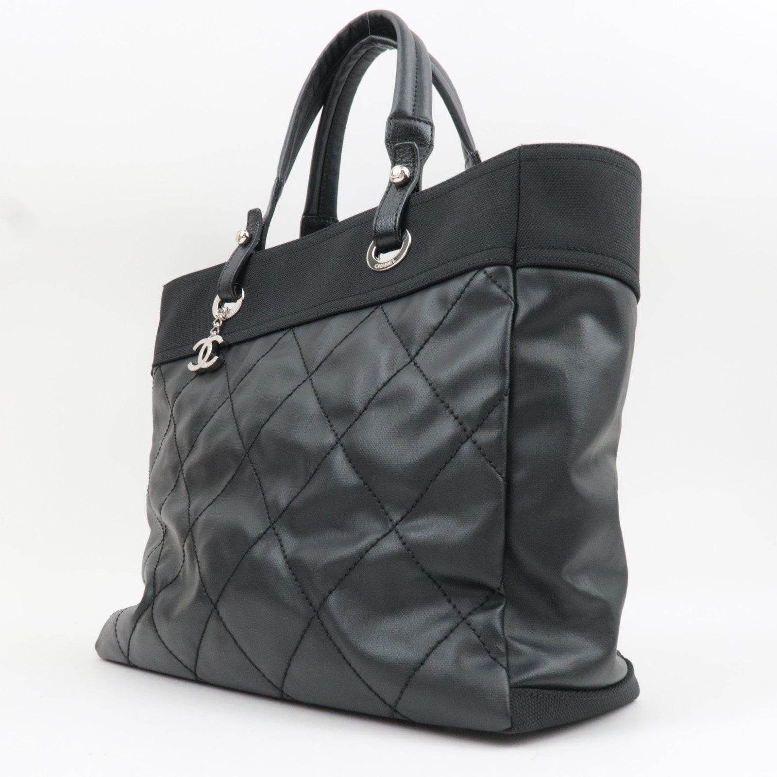 CHANEL Paris Biarritz Tote Bag MM Coated Canvas Leather Black Silver HDW 17789328