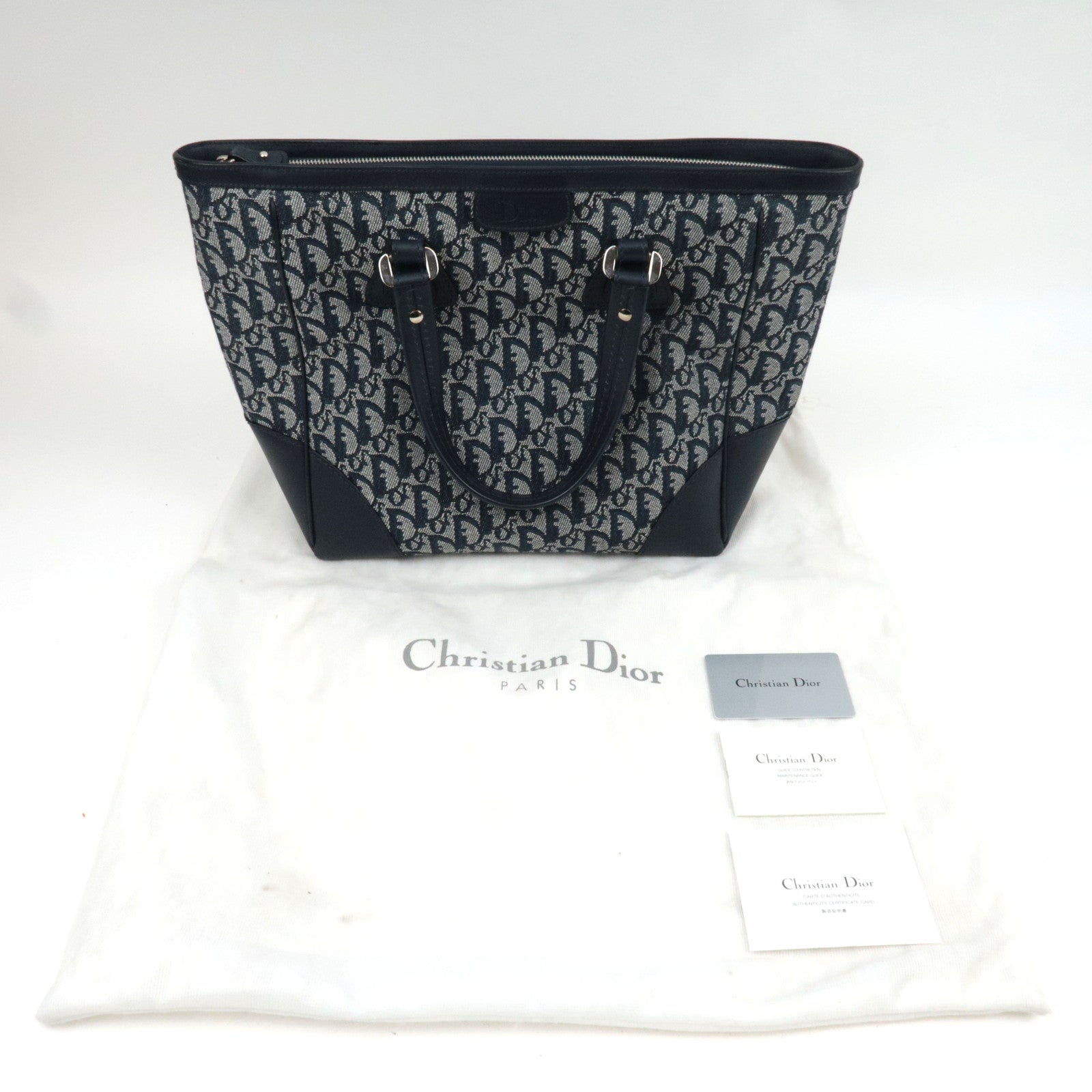 Christian Dior Trotter Tote Bag Canvas Leather Navy *Dust Bag, G Card