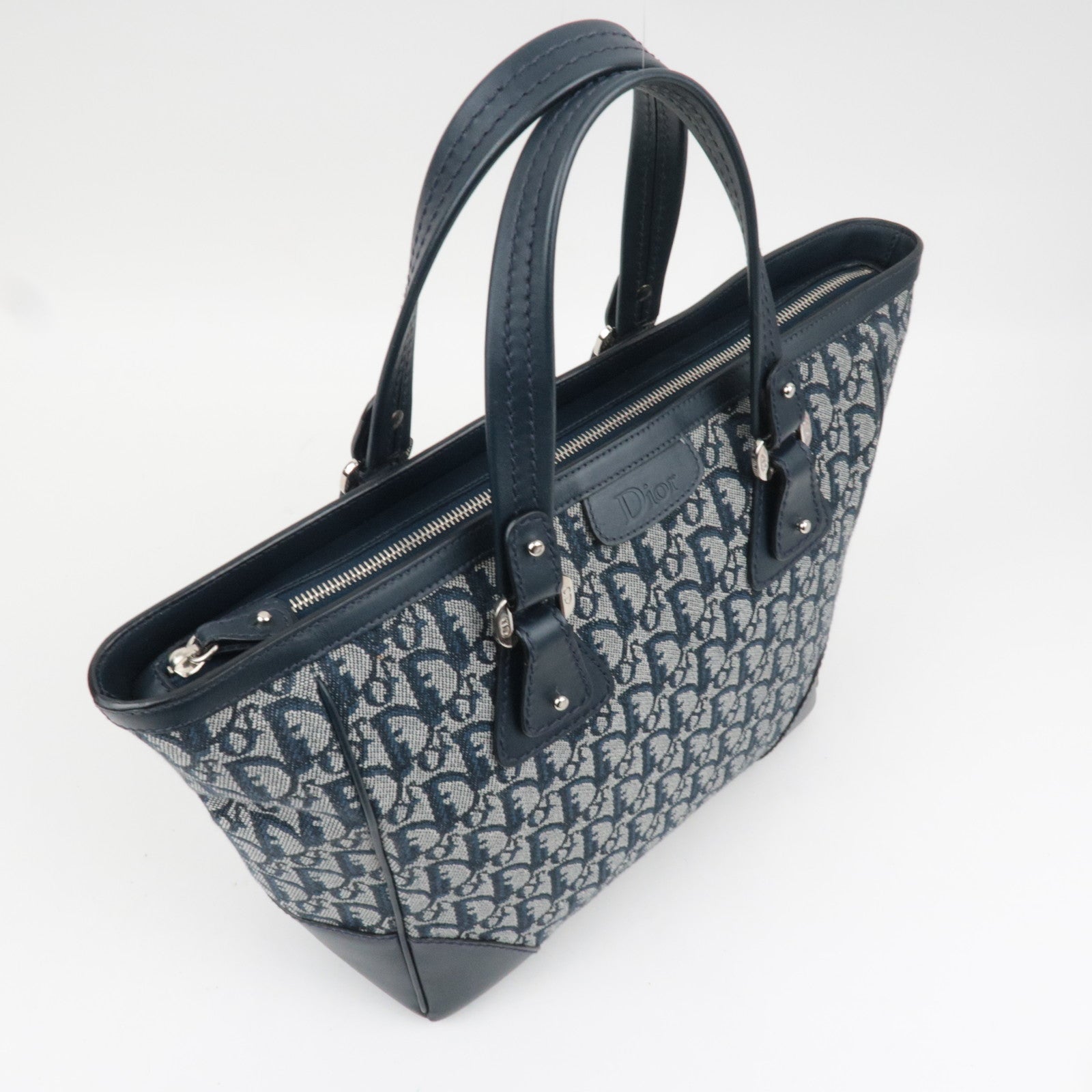 Christian Dior Trotter Tote Bag Canvas Leather Navy *Dust Bag, G Card