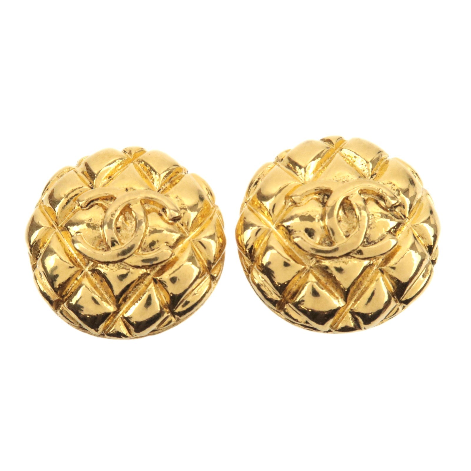 CHANEL Matelasse Coco Mark Vintage Earrings 25 Gold Metal *Box83484