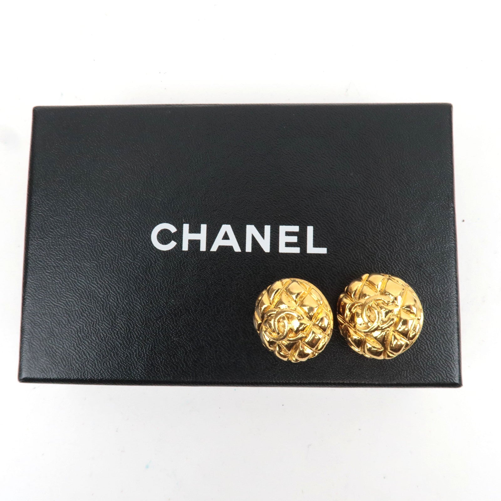 CHANEL Matelasse Coco Mark Vintage Earrings 25 Gold Metal *Box