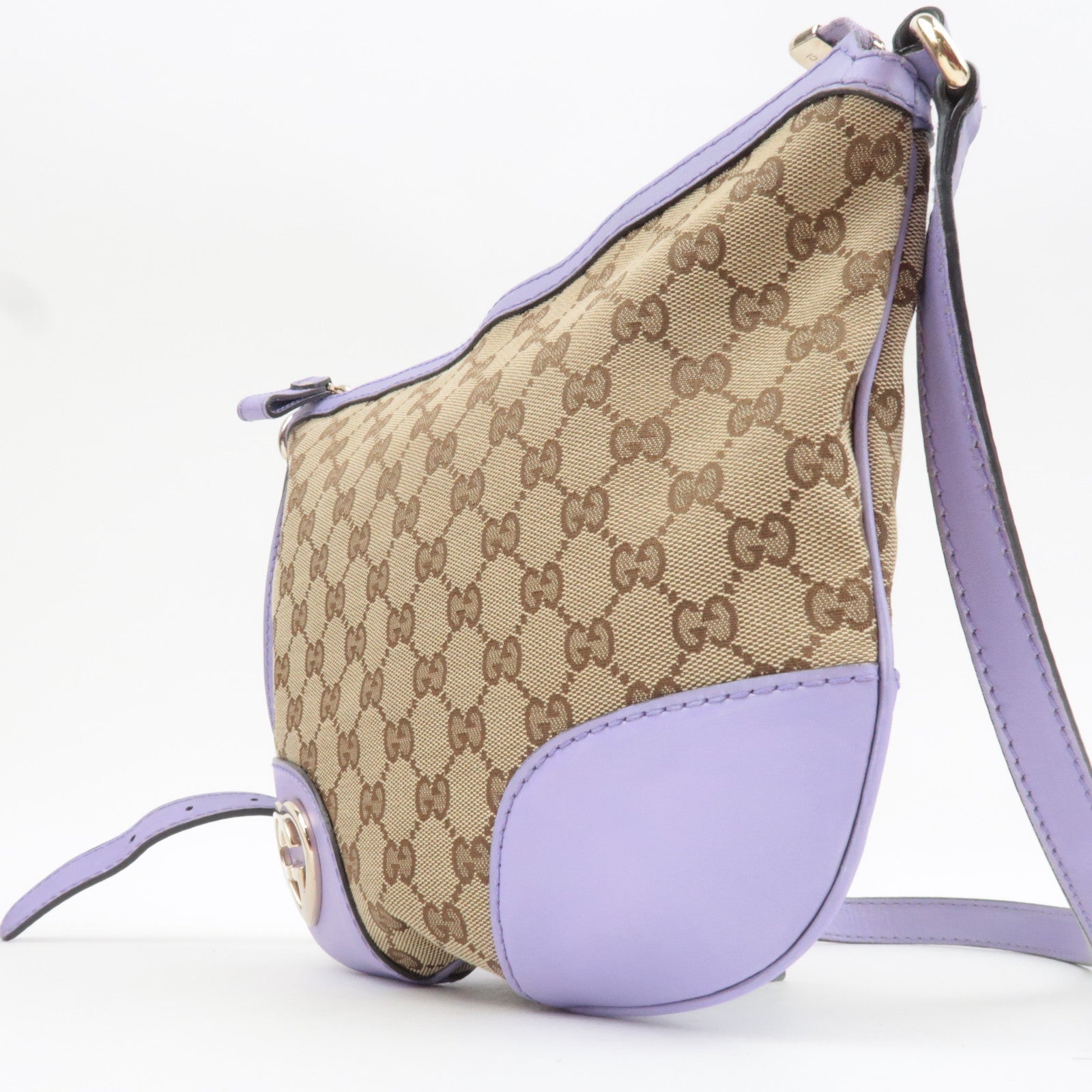 GUCCI Lovely GG Canvas Leather Shoulder Bag Beige Purple 257072