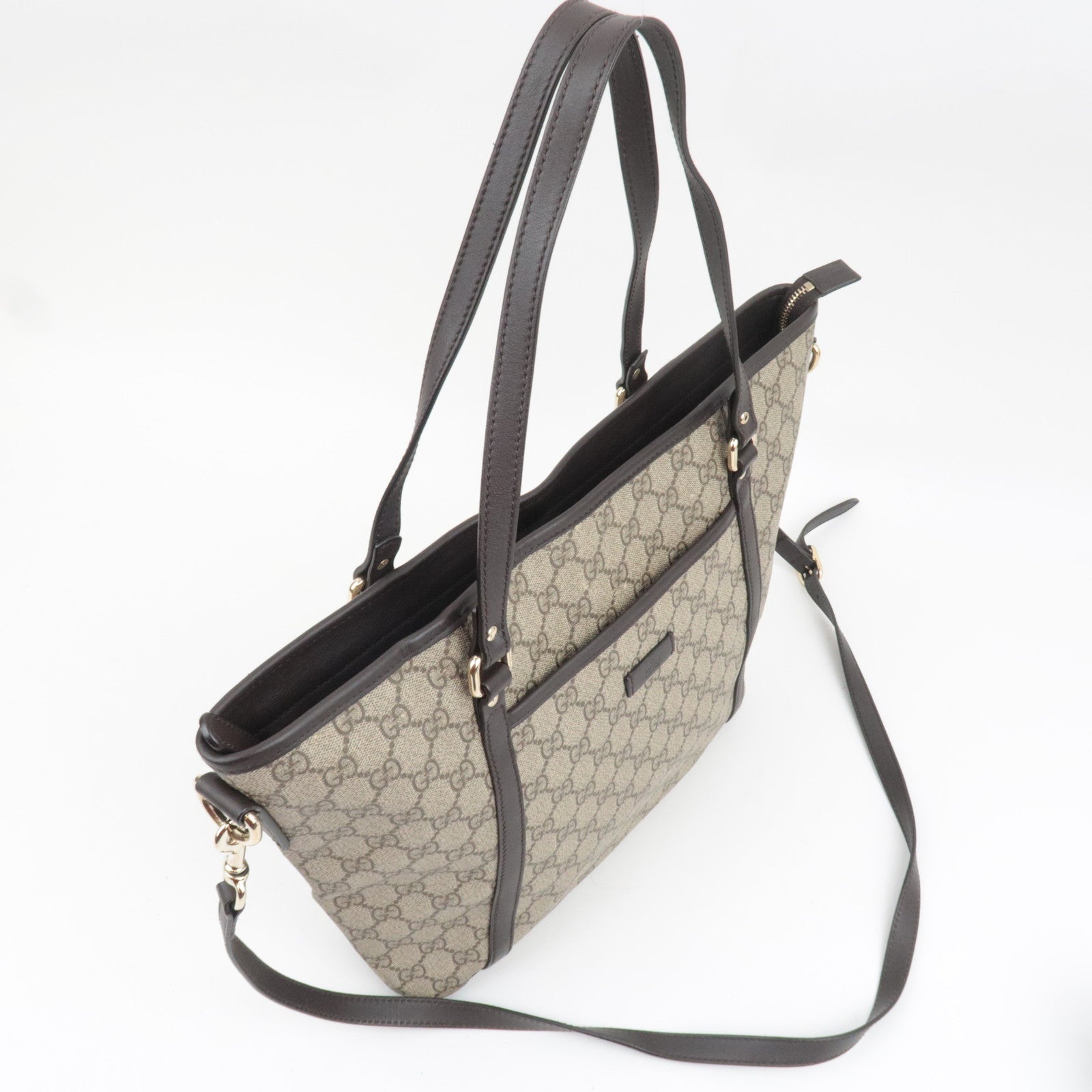 GUCCI 2Way Tote Bag GG Supreme Leather Beige Brown 388929 *Strap