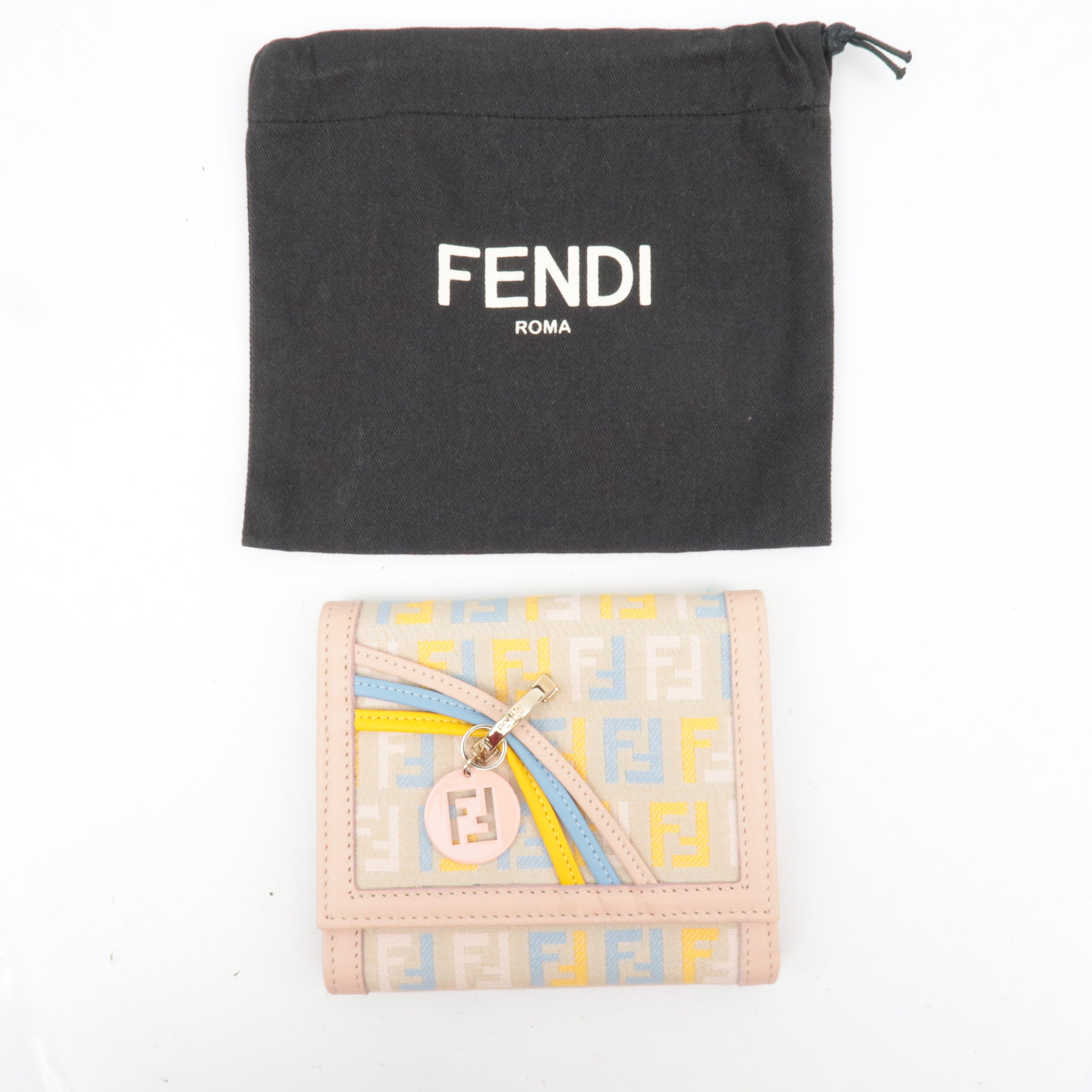 FENDI Zucchino Tri-Fold Wallet Canvas Leather Multicolor Beige 8M0177 *Dust bag
