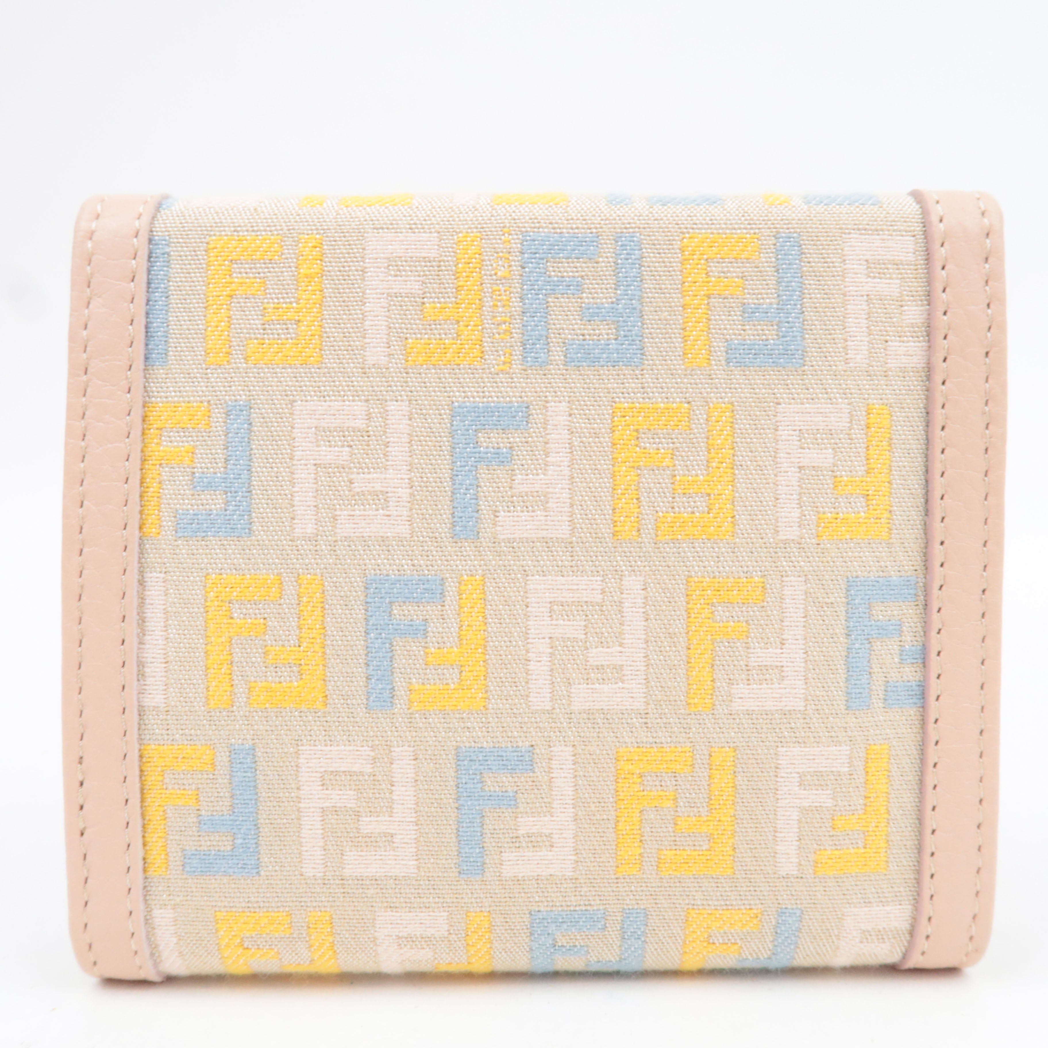 FENDI Zucchino Tri-Fold Wallet Canvas Leather Multicolor Beige 8M0177 *Dust bag