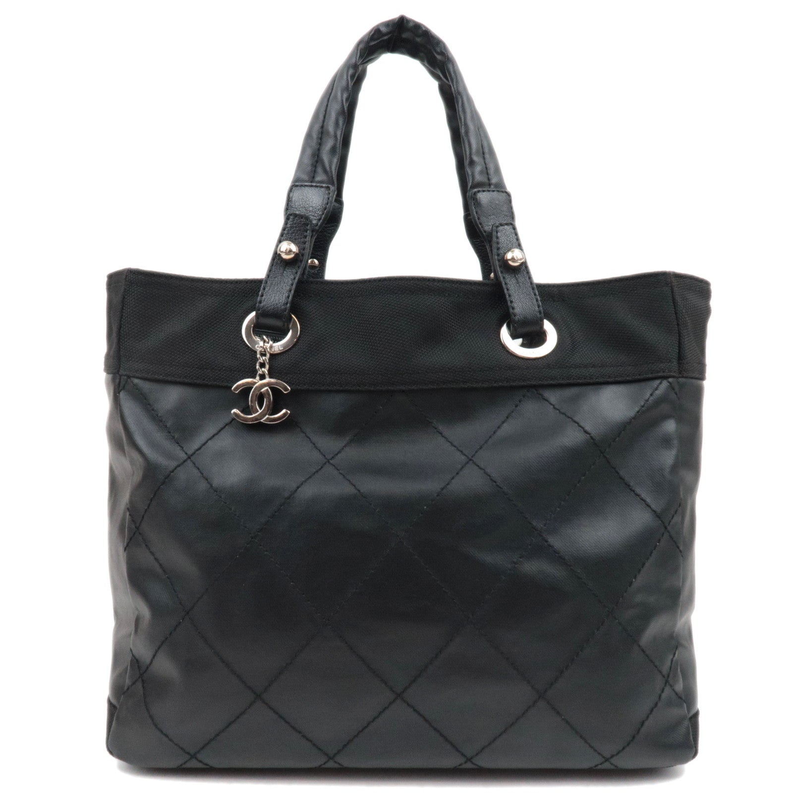 CHANEL Paris Biarritz Tote Bag MM Coated Canvas Leather Black Silver HDW 1219596083603