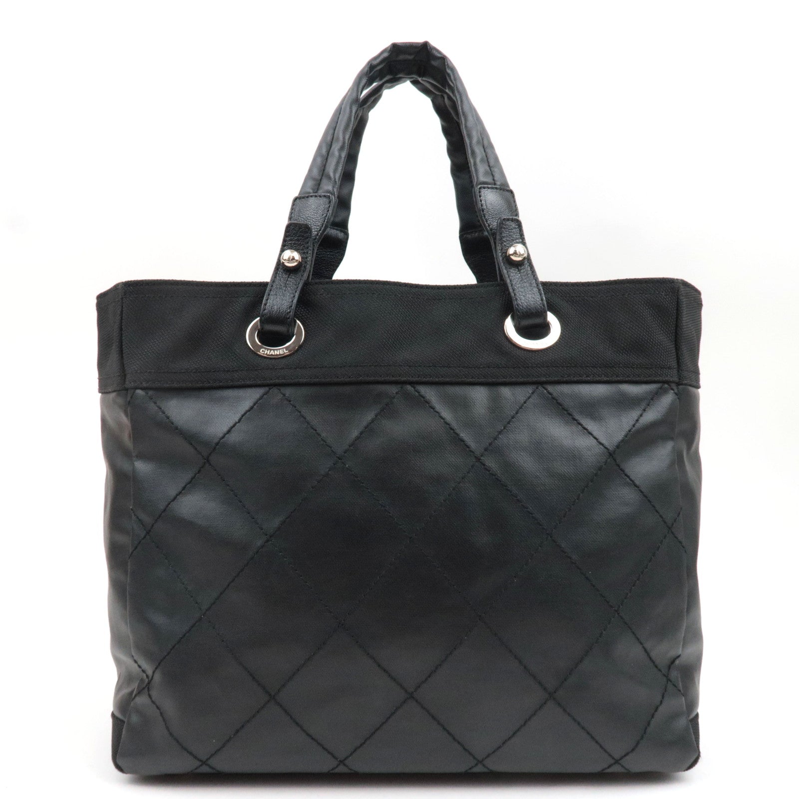 CHANEL Paris Biarritz Tote Bag MM Coated Canvas Leather Black Silver HDW 12195960