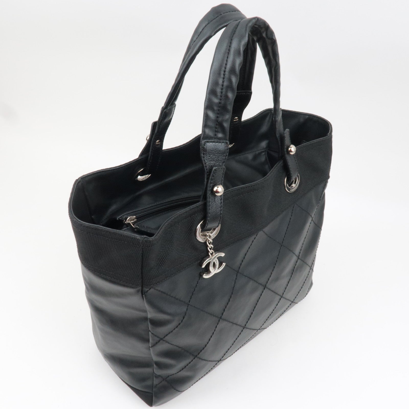 CHANEL Paris Biarritz Tote Bag MM Coated Canvas Leather Black Silver HDW 12195960