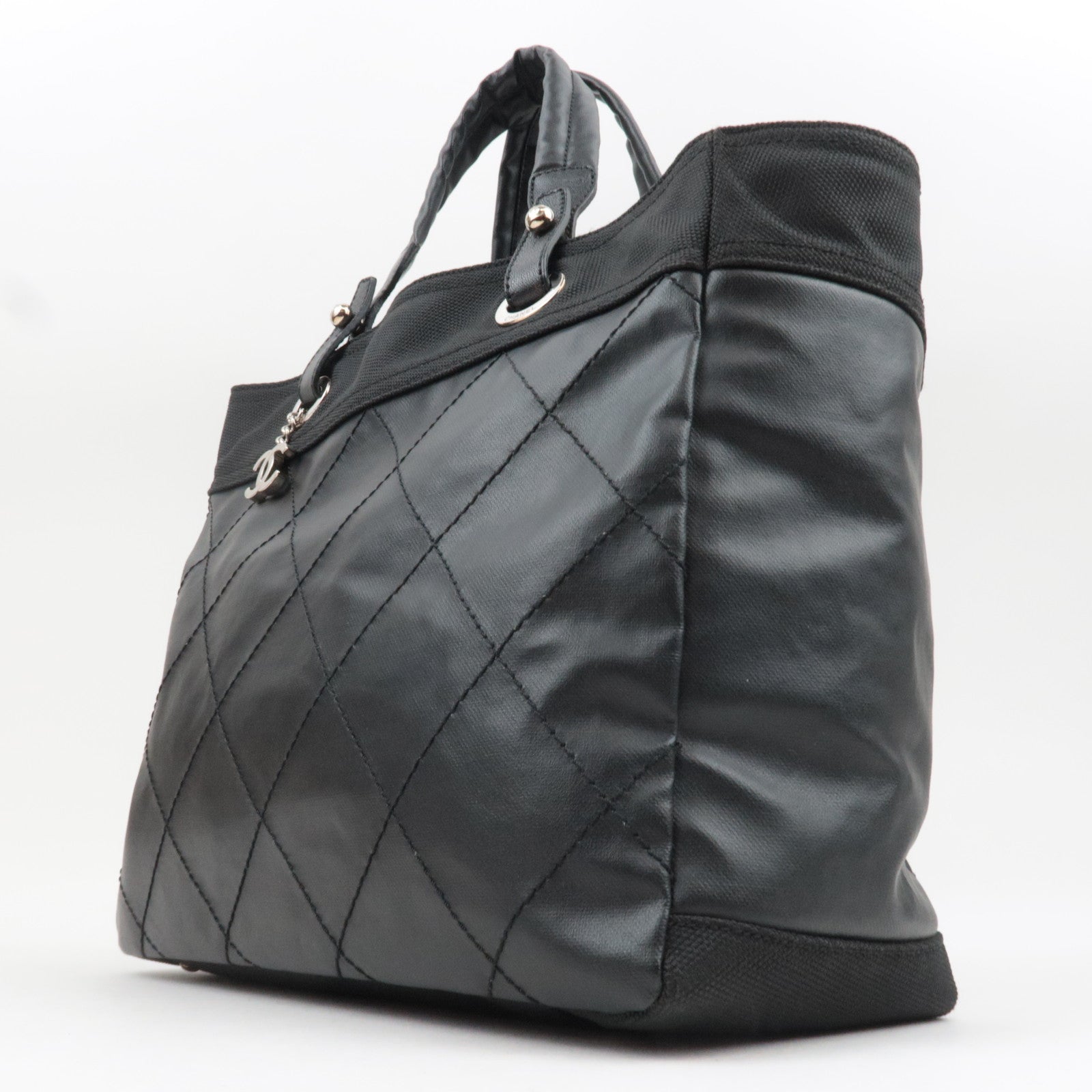 CHANEL Paris Biarritz Tote Bag MM Coated Canvas Leather Black Silver HDW 12195960