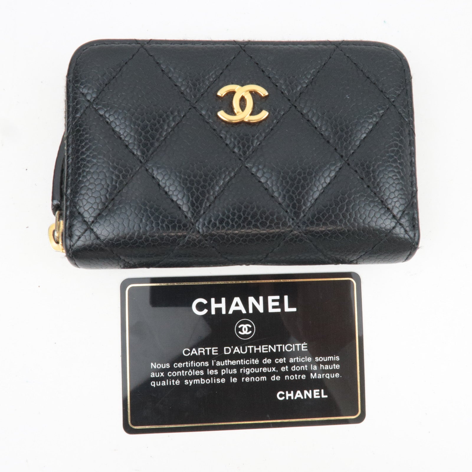CHANEL Matelasse Round Zipper Coin Case Caviarskin Black Gold HDW 23742532 *G card