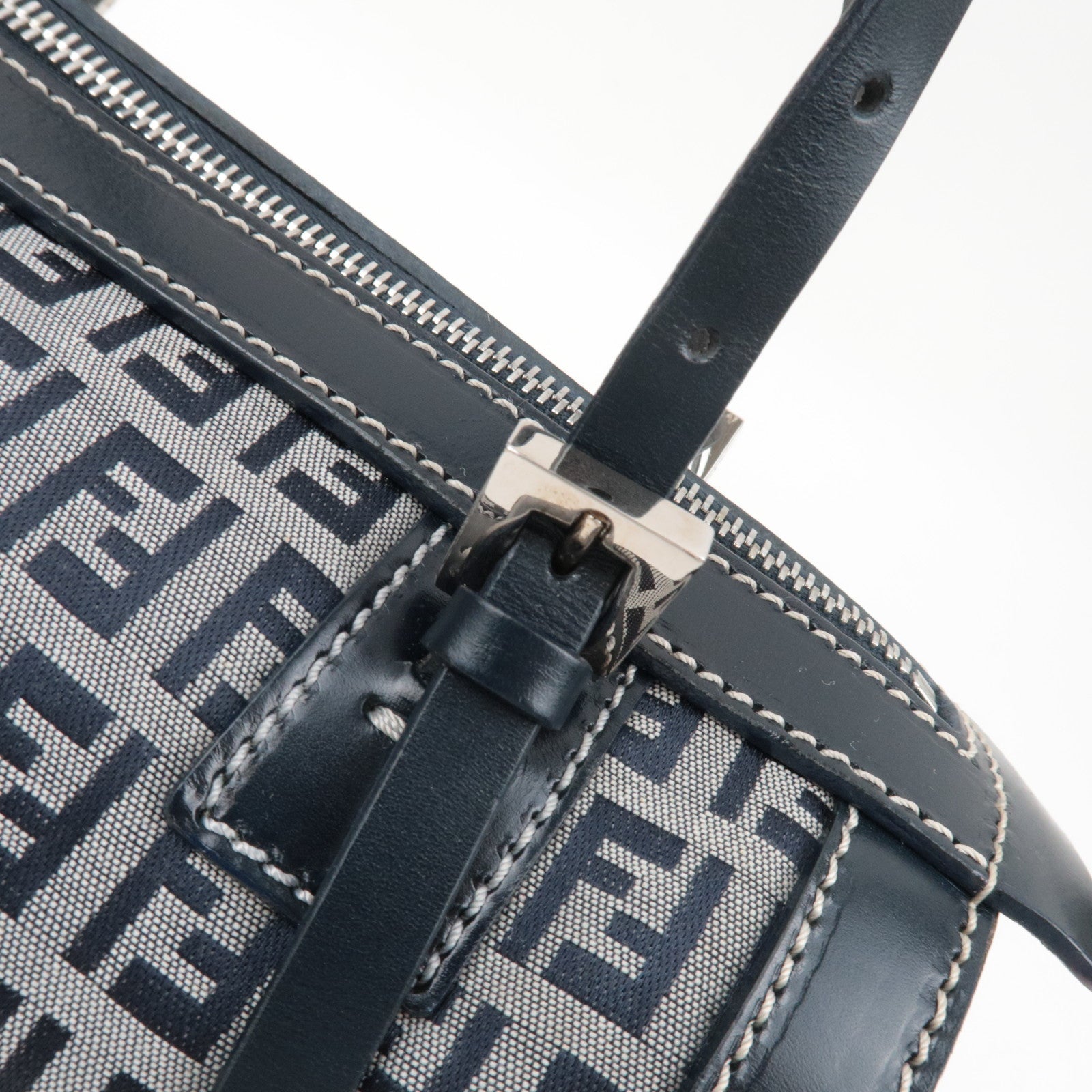 FENDI Zucchino Handbag Canvas Leather Navy 16558 *Dust bag