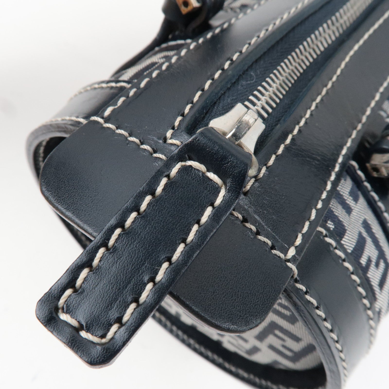 FENDI Zucchino Handbag Canvas Leather Navy 16558 *Dust bag