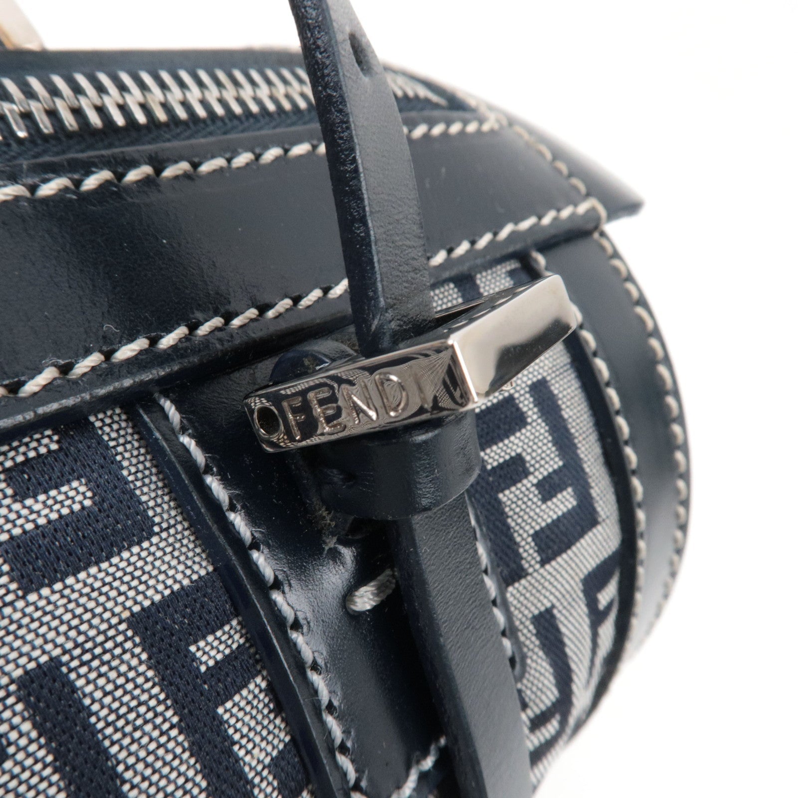 FENDI Zucchino Handbag Canvas Leather Navy 16558 *Dust bag