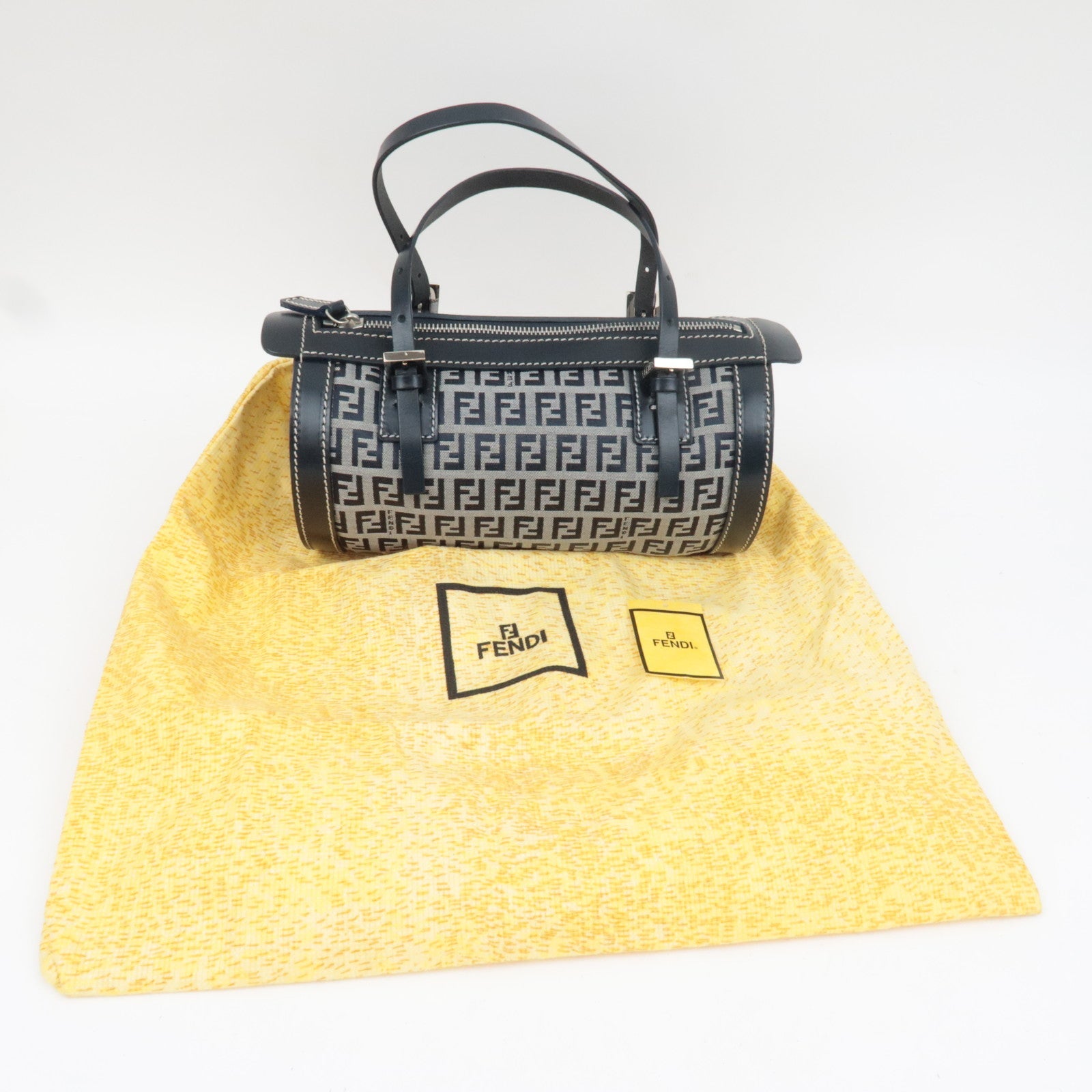 FENDI Zucchino Handbag Canvas Leather Navy 16558 *Dust bag