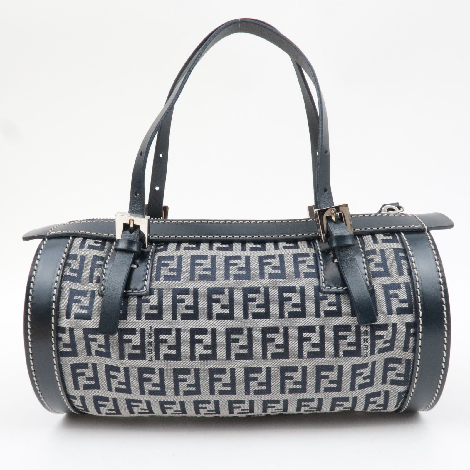 FENDI Zucchino Handbag Canvas Leather Navy 16558 *Dust bag