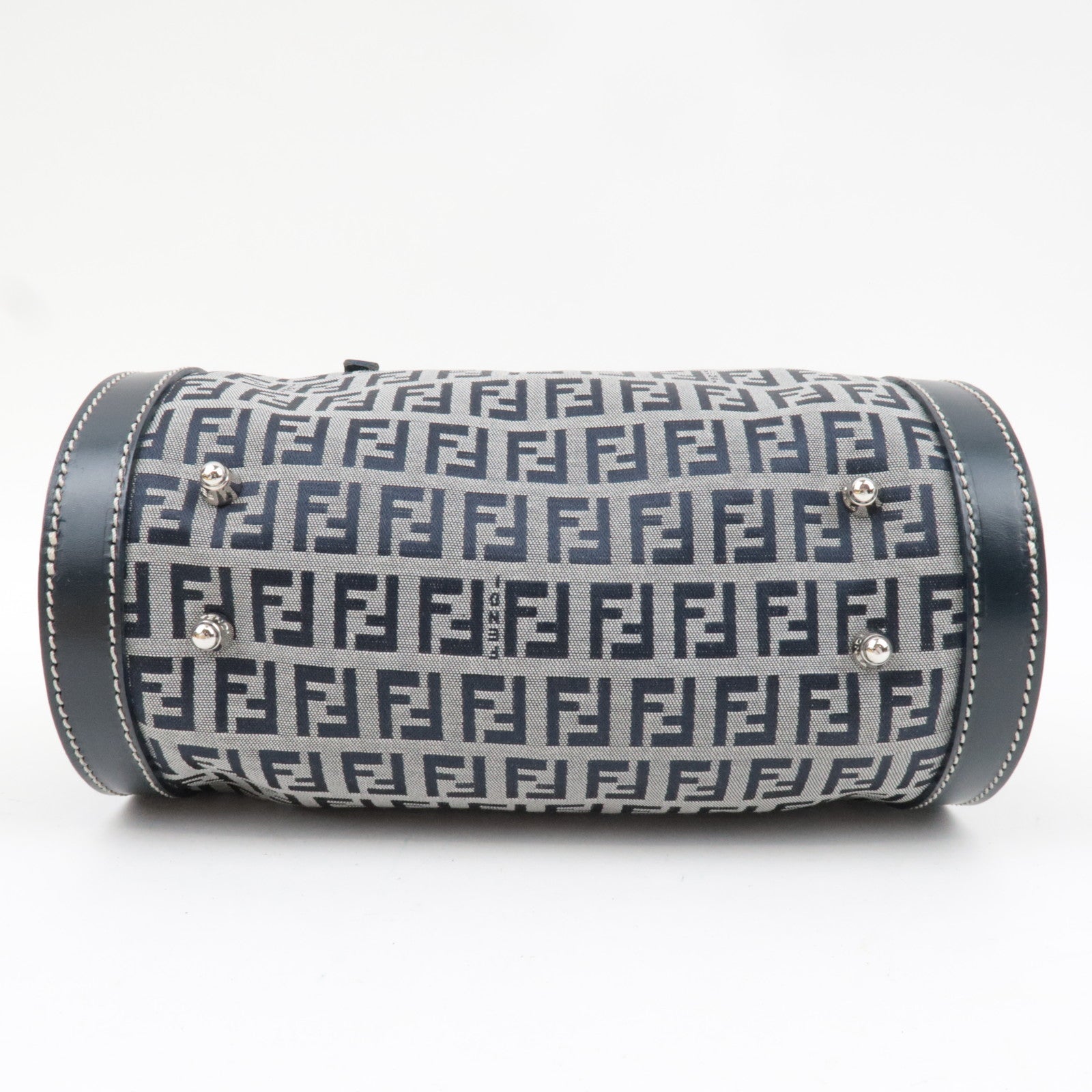 FENDI Zucchino Handbag Canvas Leather Navy 16558 *Dust bag