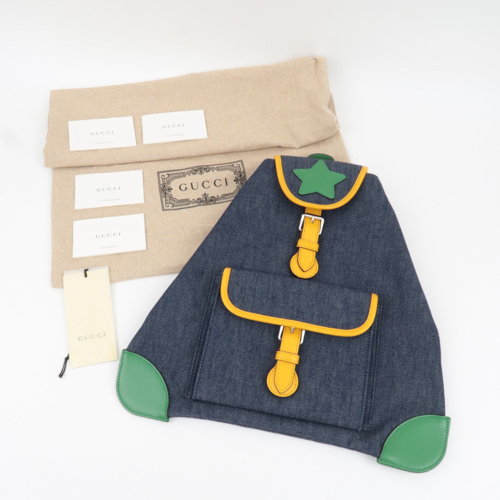 GUCCI Children's Backpack Denim Leather Navy Green Yellow 705169 *Dust bag