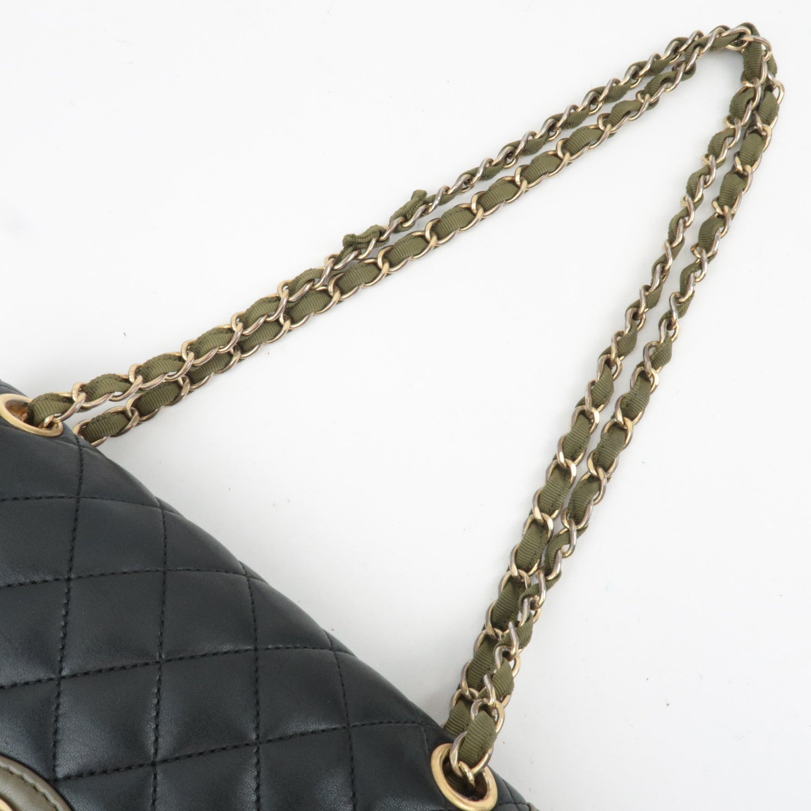 CHANEL Bi Color Matelasse Double Chain Shoulder Bag Lambskin Black Khaki 23759083