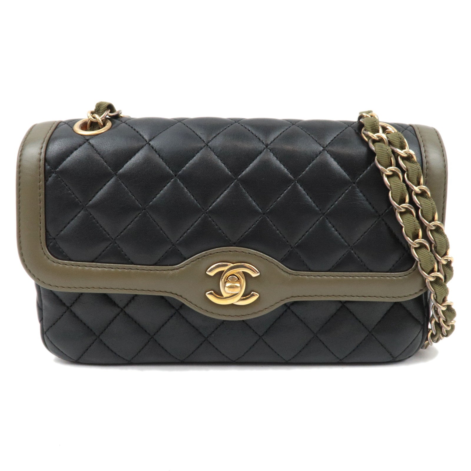 CHANEL Bi Color Matelasse Double Chain Shoulder Bag Lambskin Black Khaki 2375908383685